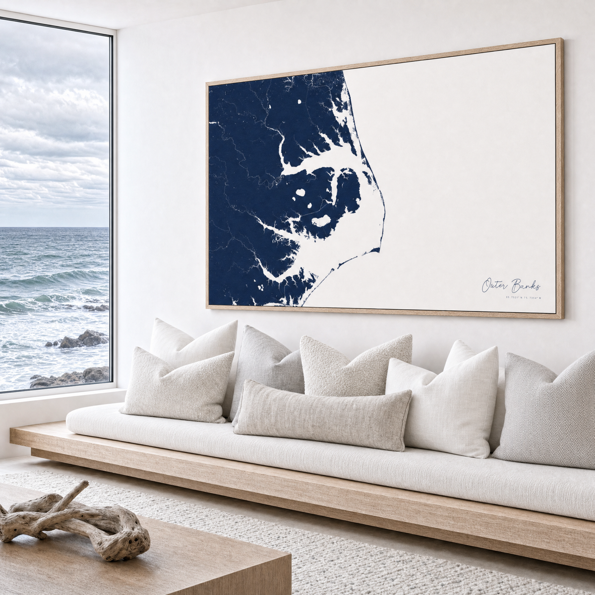 Outer Banks canvas map — sea-view bench interior