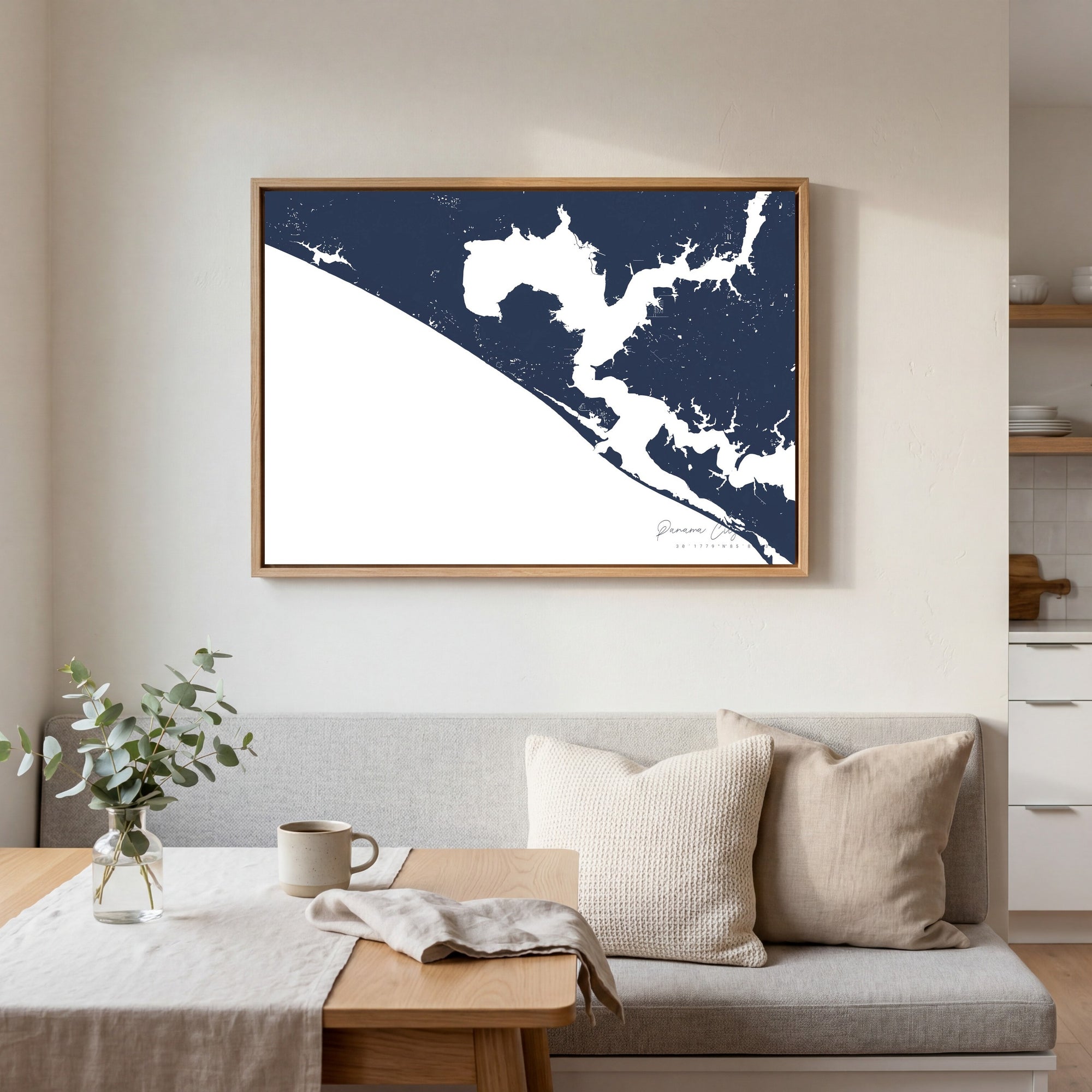 Panama City Beach navy horizontal canvas map in an oak framed room scene