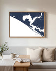 Panama City Beach navy horizontal canvas map in an oak framed room scene
