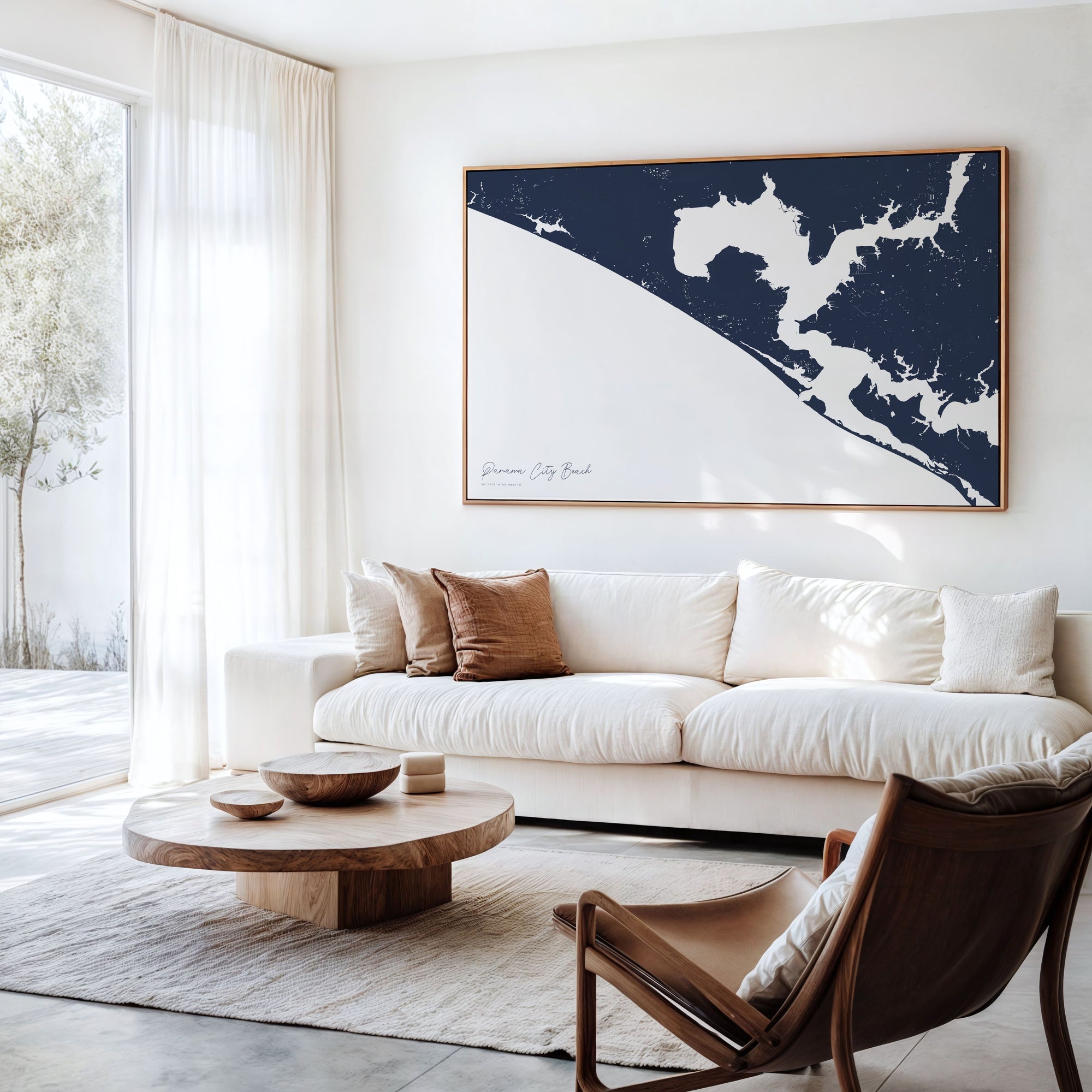 Panama City Beach navy horizontal canvas map in an oak framed room scene