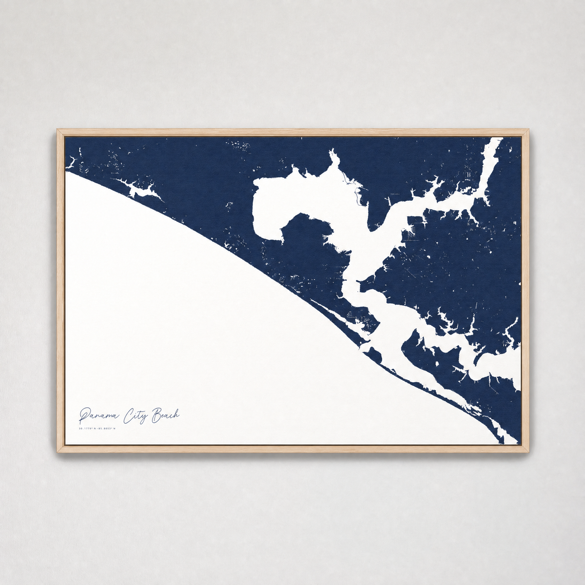 Panama City Beach Coastal Map — Canvas Horizontal — navy, Light Wood