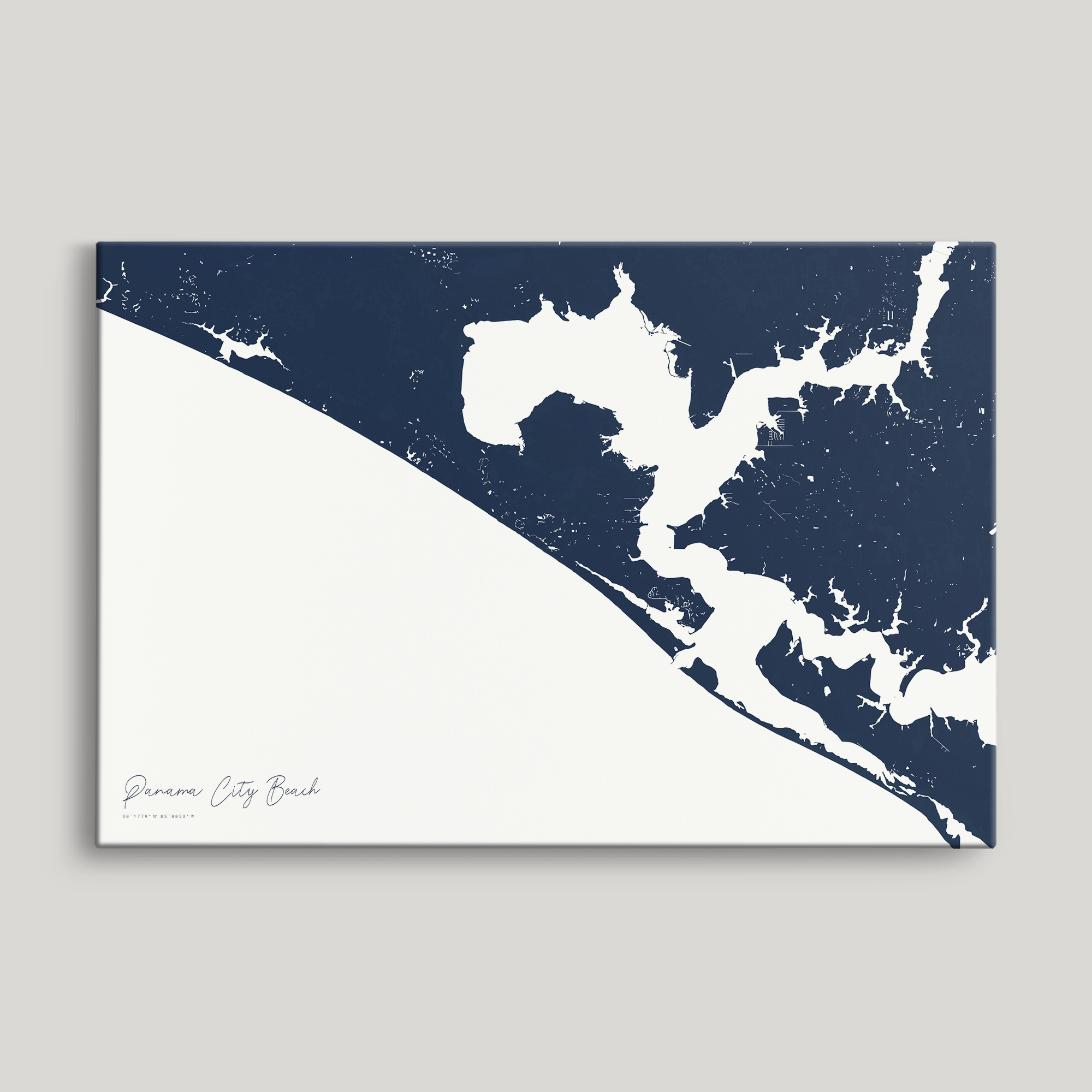 Panama City Beach Coastal Map — Canvas Horizontal, navy, No Frame