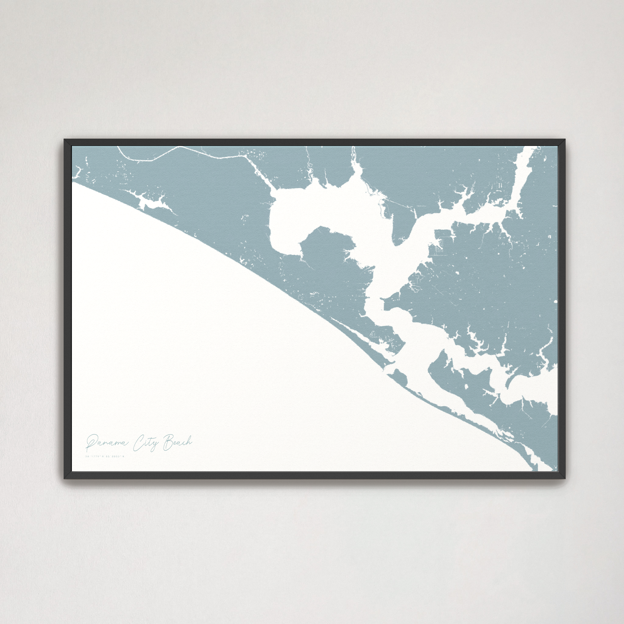Panama City Beach Coastal Map — Canvas Horizontal, soft-blue, Black Frame