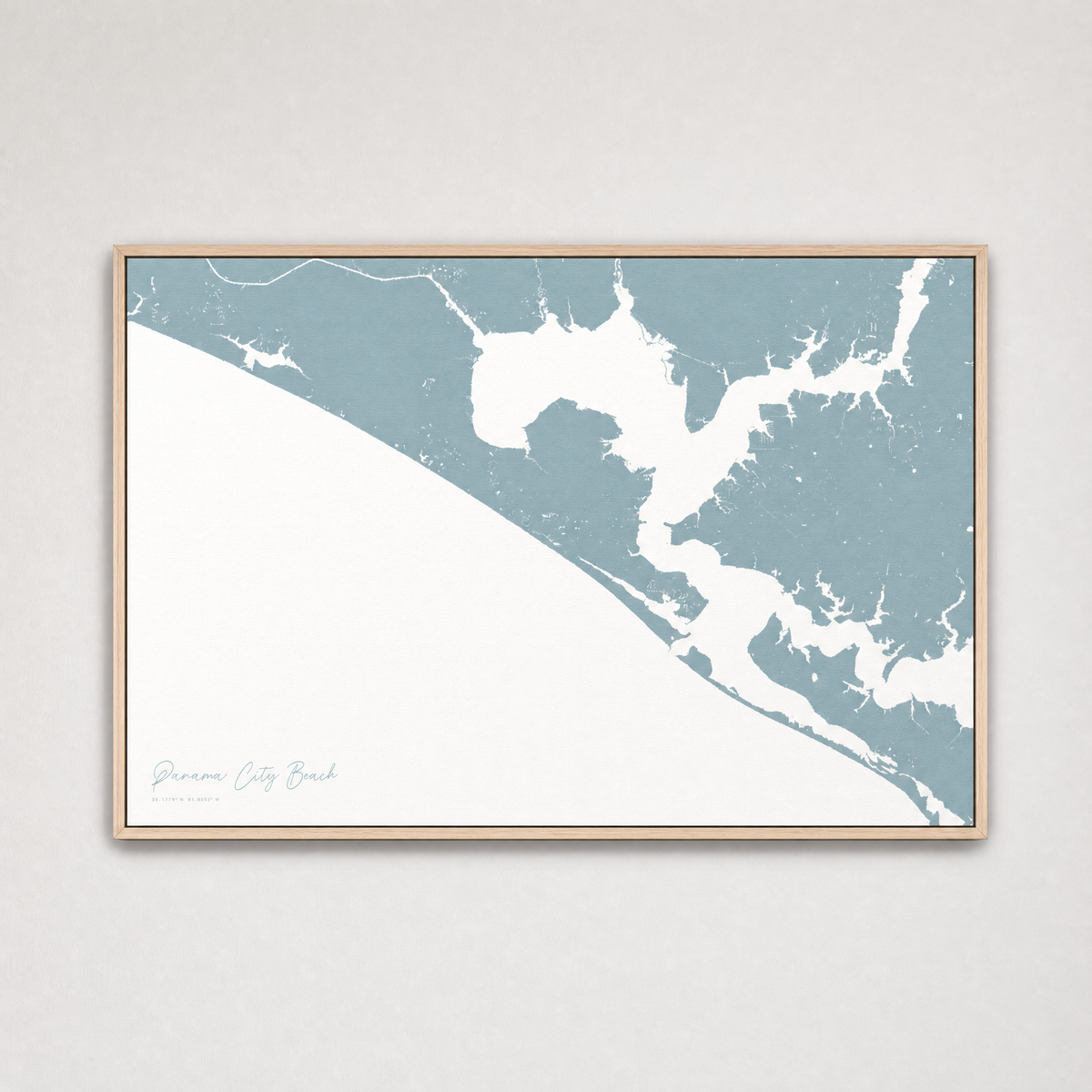 Panama City Beach Coastal Map — Canvas Horizontal — soft-blue, Light Wood