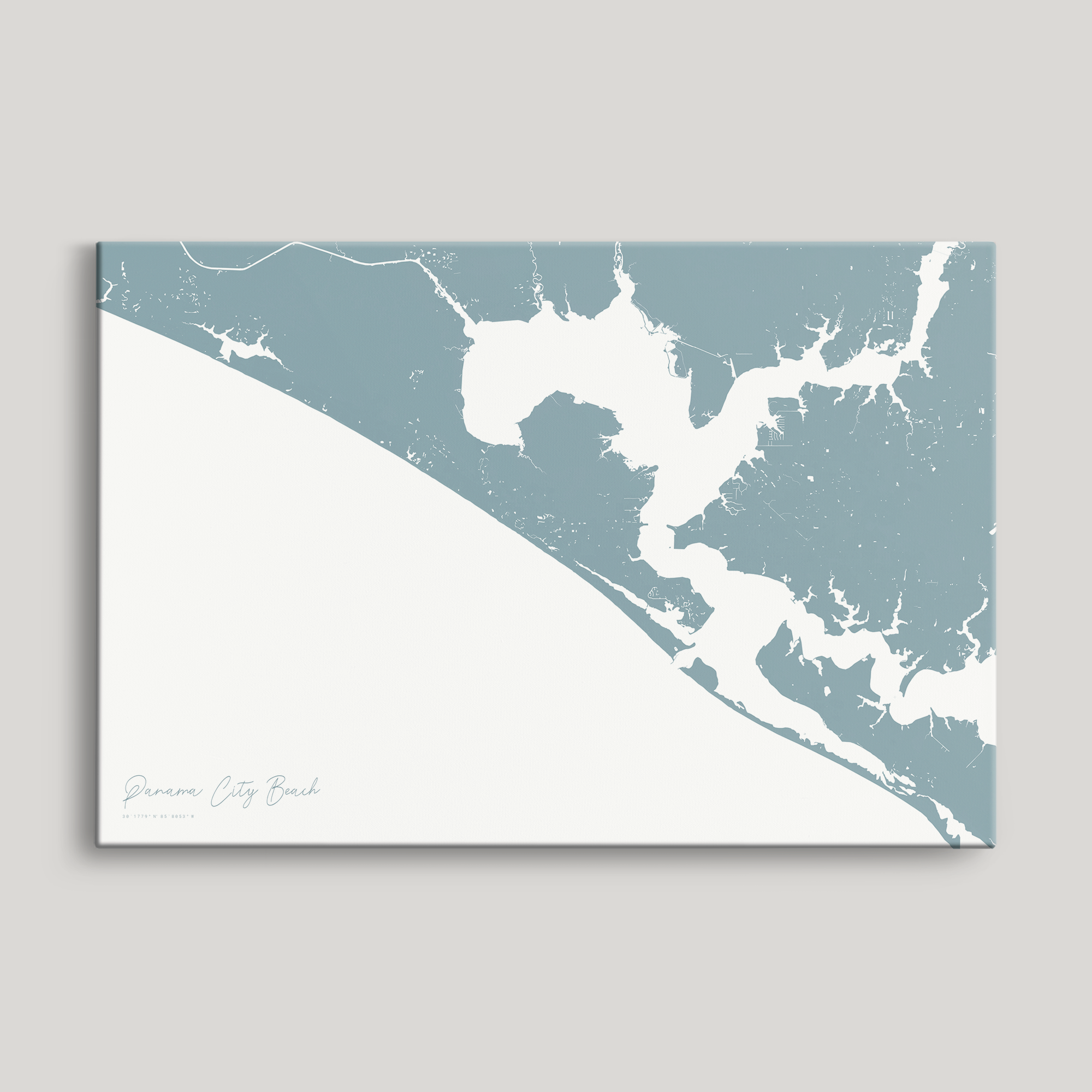 Panama City Beach Coastal Map — Canvas Horizontal, soft-blue, No Frame