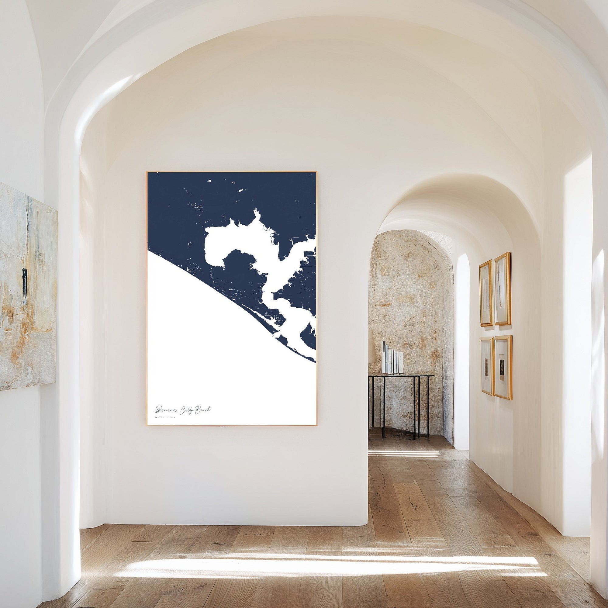 Panama City Beach navy vertical canvas map in the Bello mixed room scene