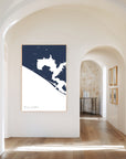 Panama City Beach navy vertical canvas map in the Bello mixed room scene