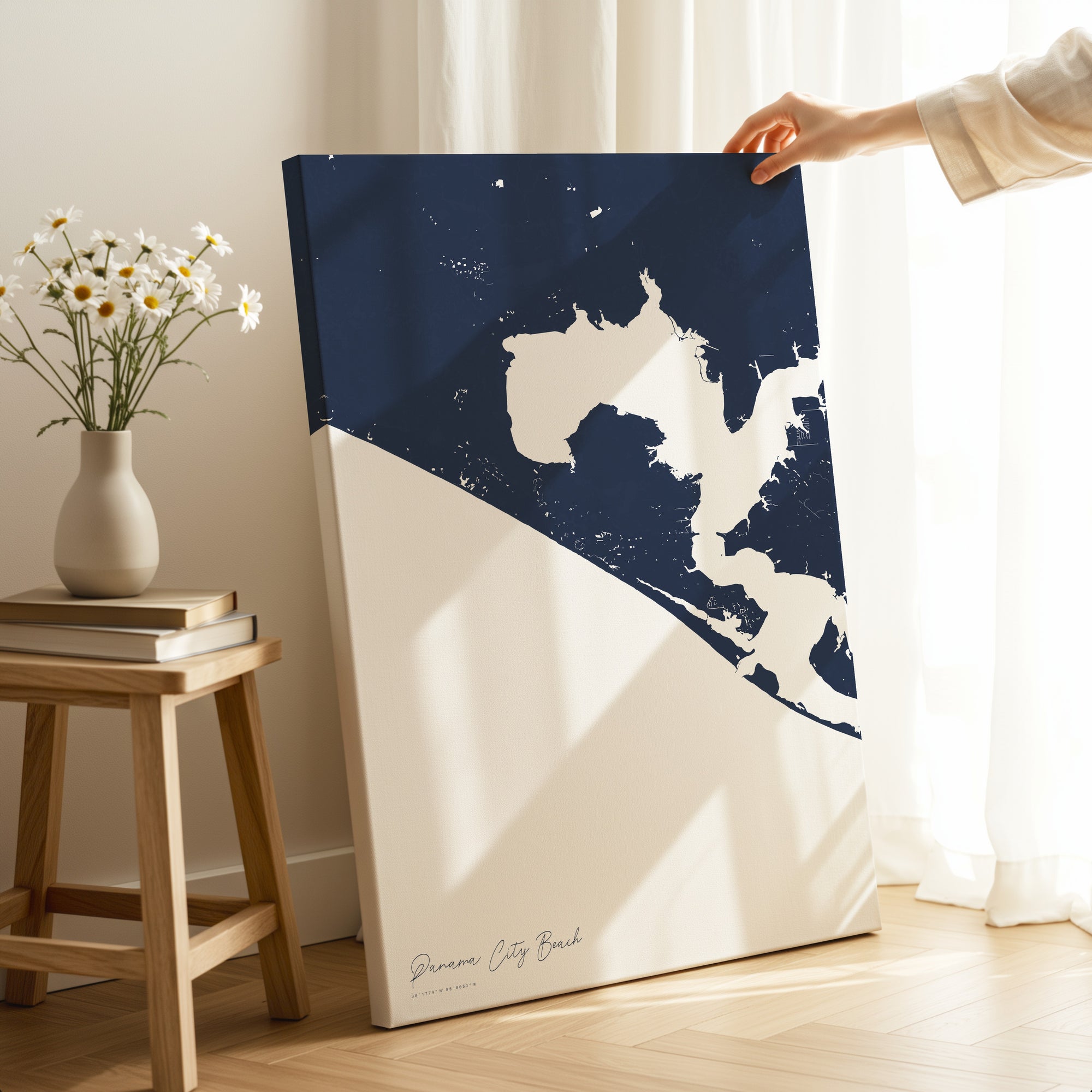 Panama City Beach navy vertical wrapped canvas map in the ratio 2:3 hand mockup