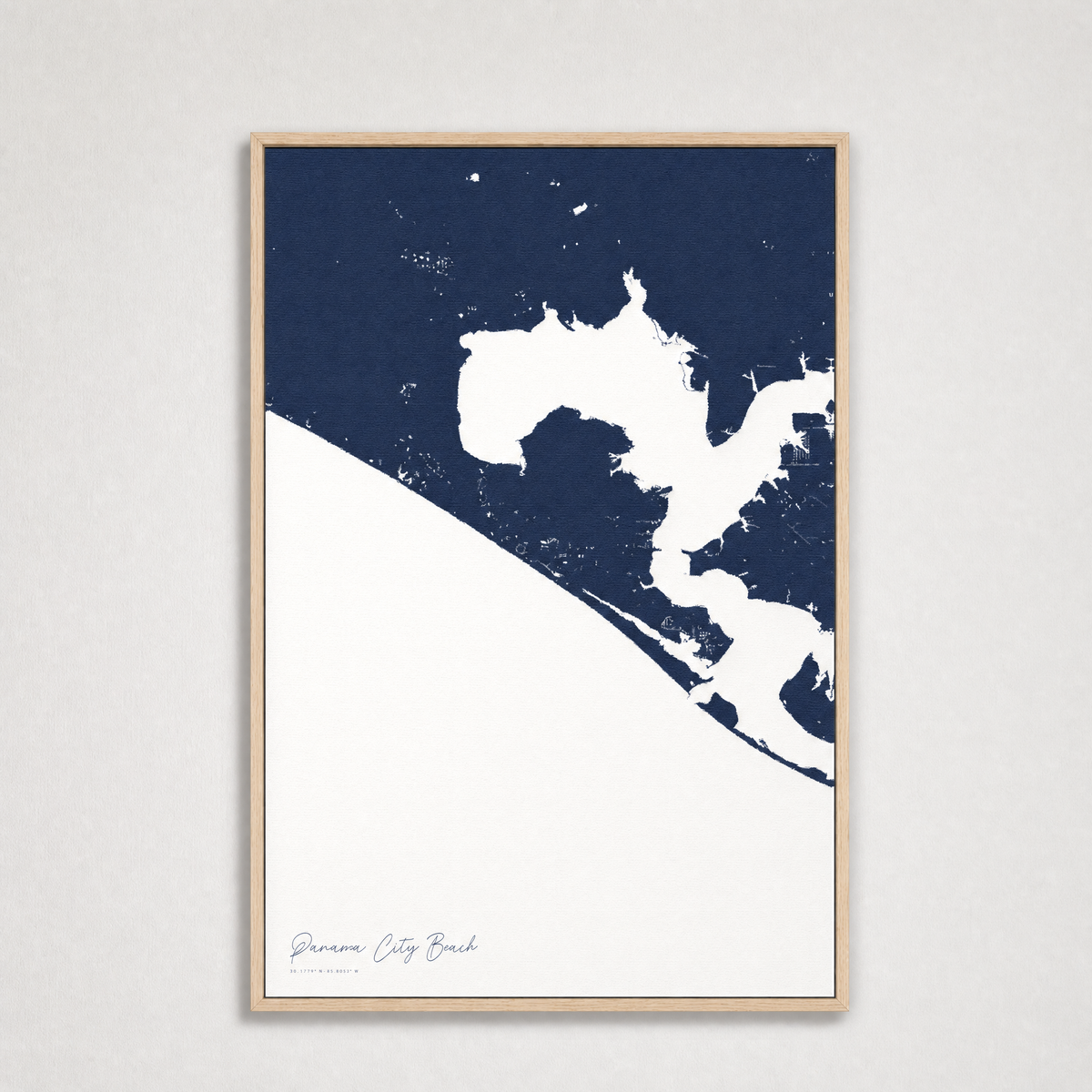 Panama City Beach Coastal Map — Canvas Vertical — navy, Light Wood