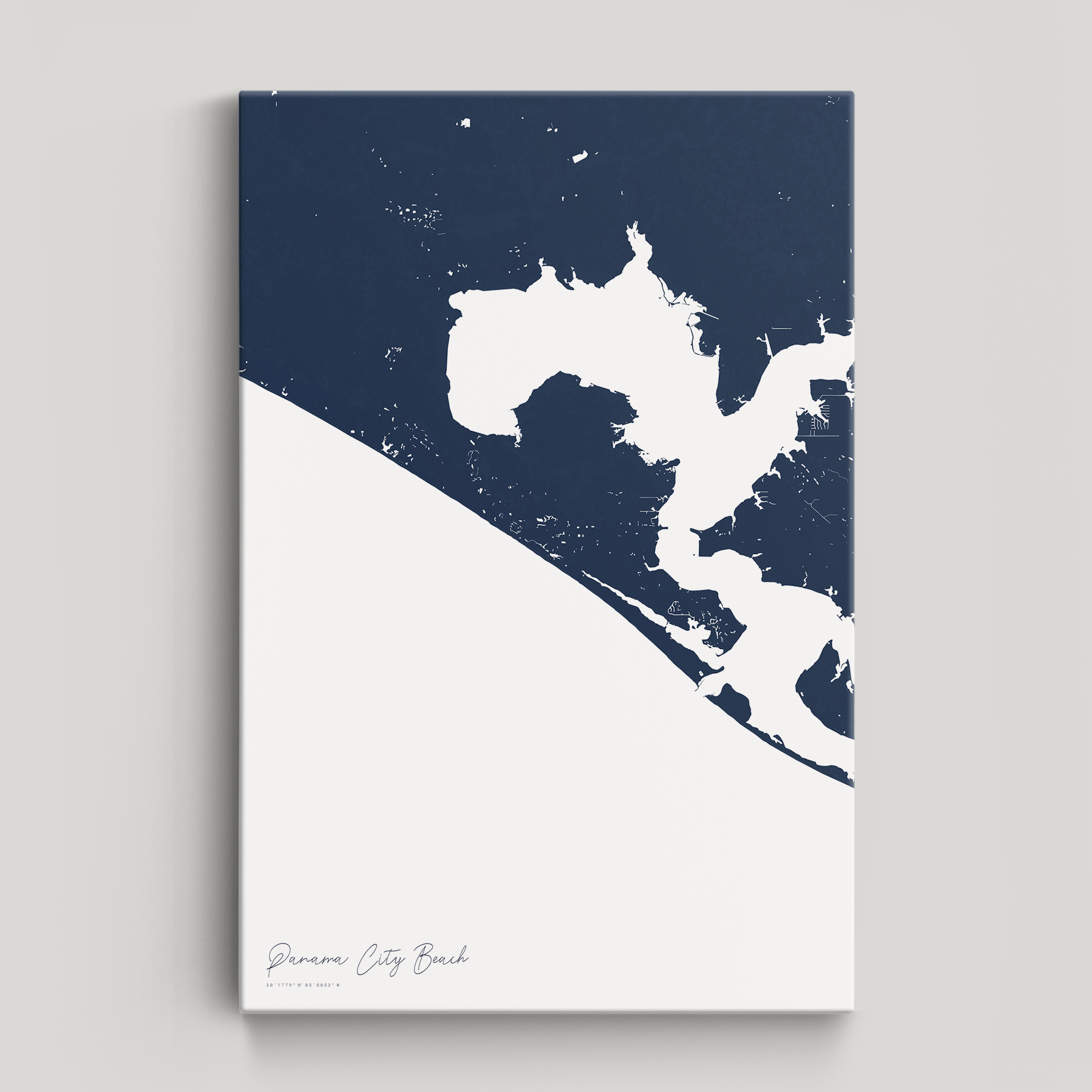 Panama City Beach Coastal Map — Canvas Vertical, navy, No Frame