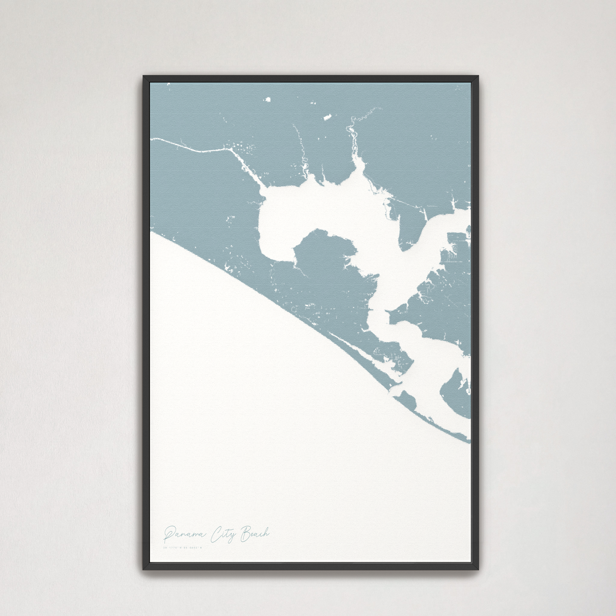 Panama City Beach Coastal Map — Canvas Vertical, soft-blue, Black Frame