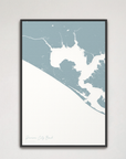 Panama City Beach Coastal Map — Canvas Vertical, soft-blue, Black Frame