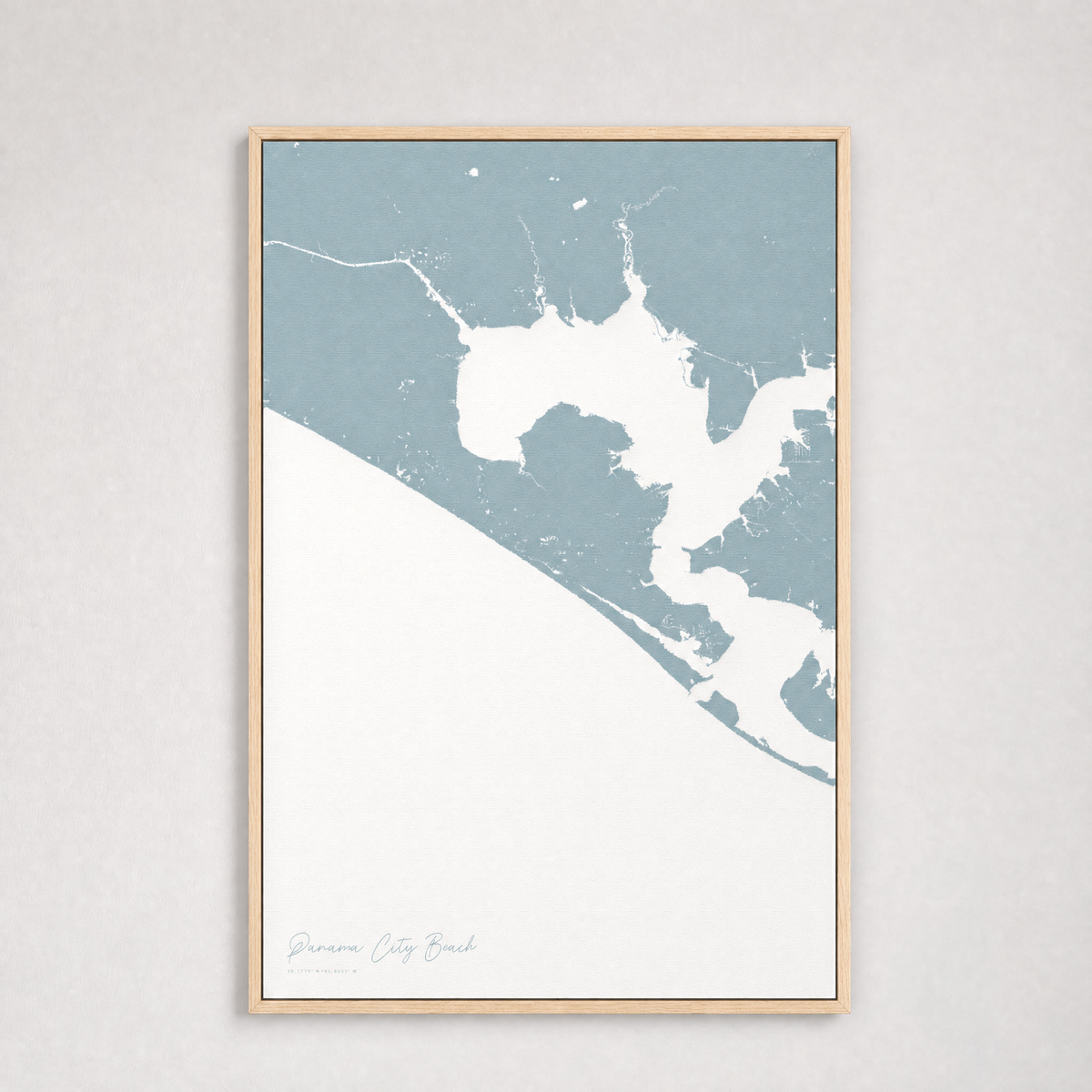 Panama City Beach Coastal Map — Canvas Vertical — soft-blue, Light Wood