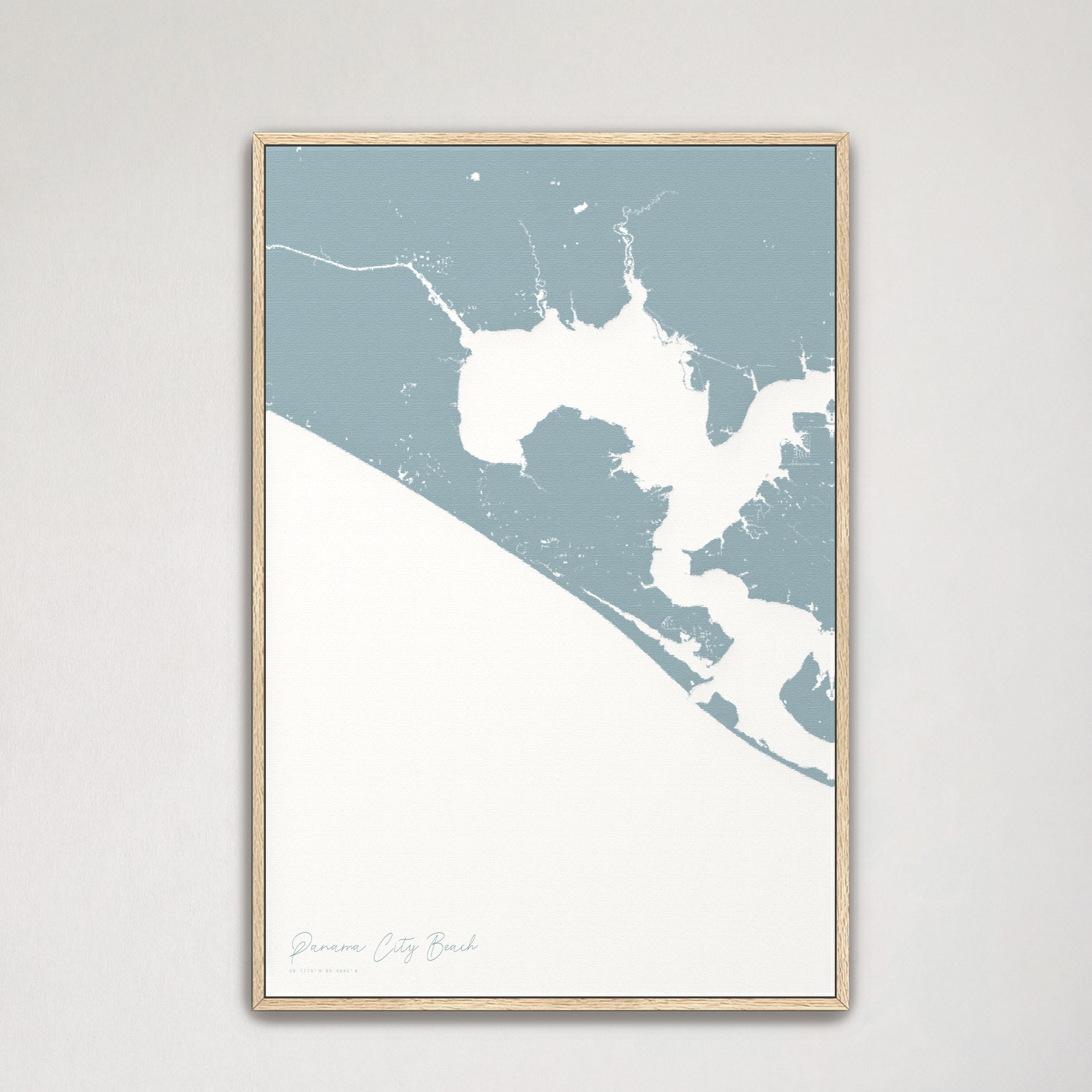 Panama City Beach Coastal Map — Canvas Vertical, soft-blue, Natural Oak