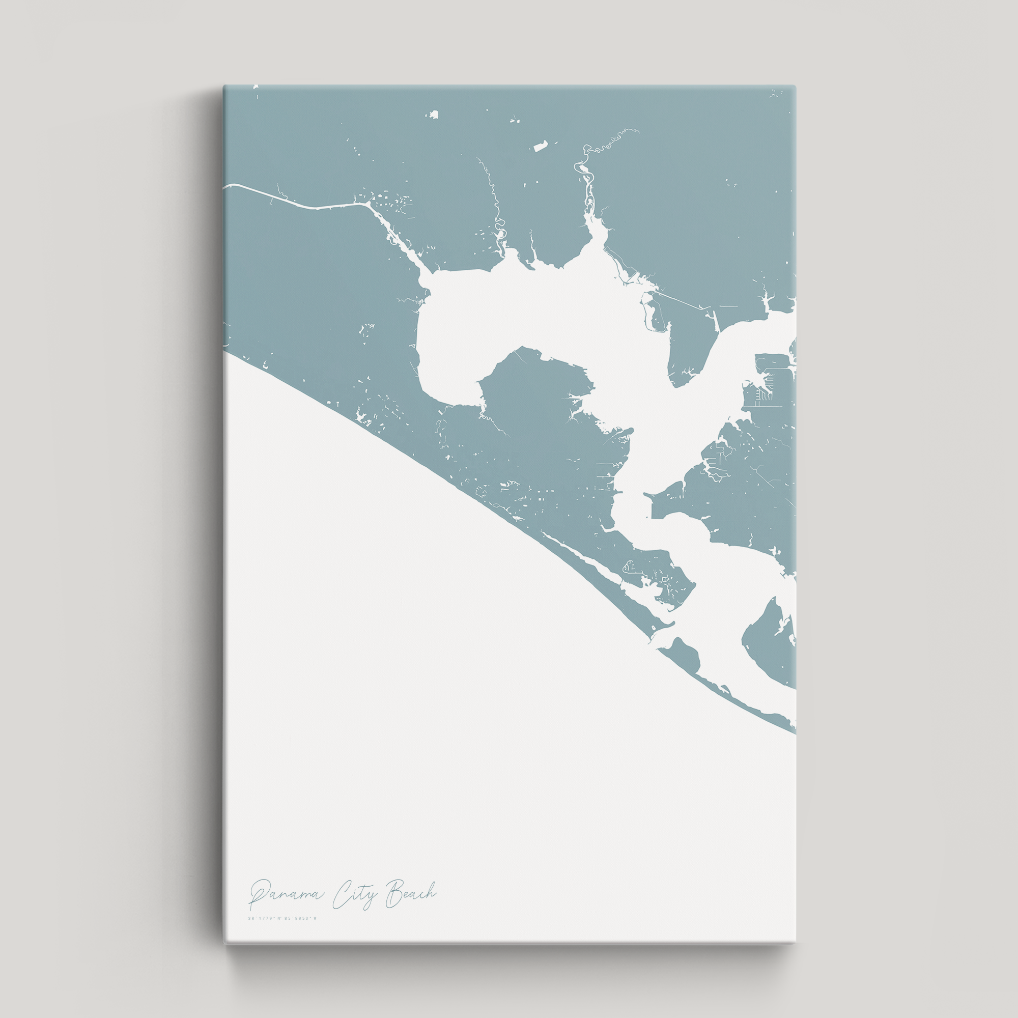Panama City Beach Coastal Map — Canvas Vertical, soft-blue, No Frame