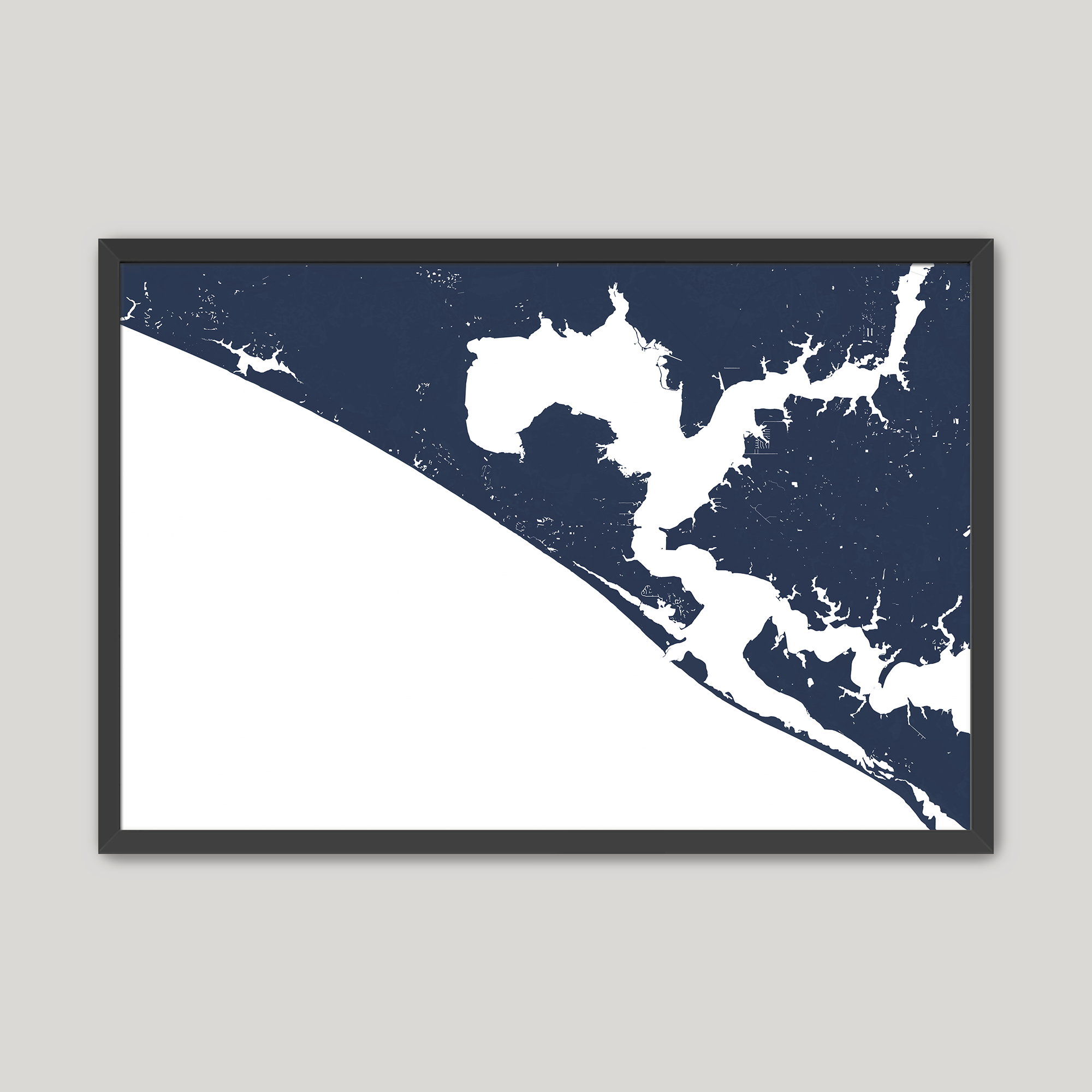 Panama City Beach Coastal Map — Fine Art Print Horizontal, navy, Black Frame, 10x8