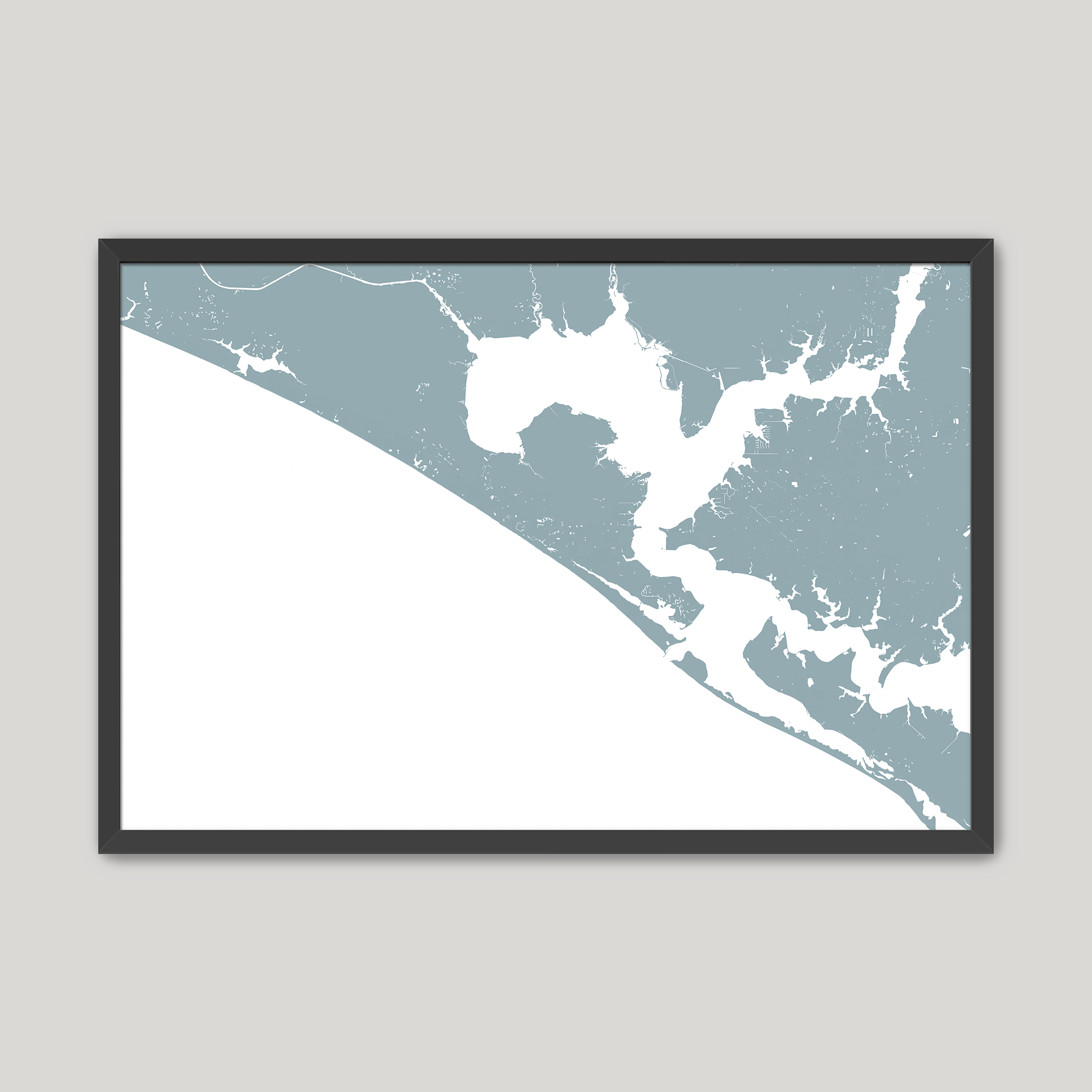 Panama City Beach Coastal Map — Fine Art Print Horizontal, soft-blue, Black Frame, 10x8