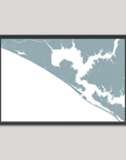 Panama City Beach Coastal Map — Fine Art Print Horizontal, soft-blue, Black Frame, 10x8
