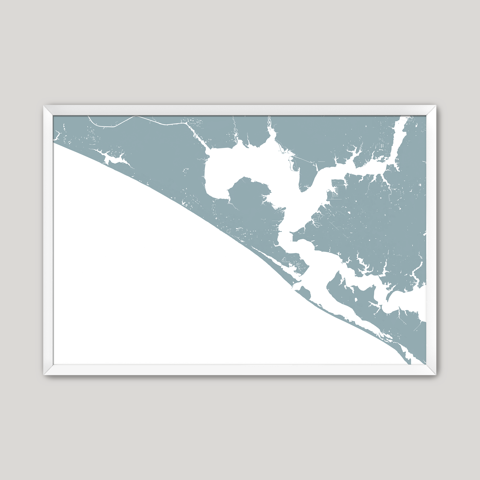 Panama City Beach Coastal Map — Fine Art Print Horizontal, soft-blue, White Frame, 10x8