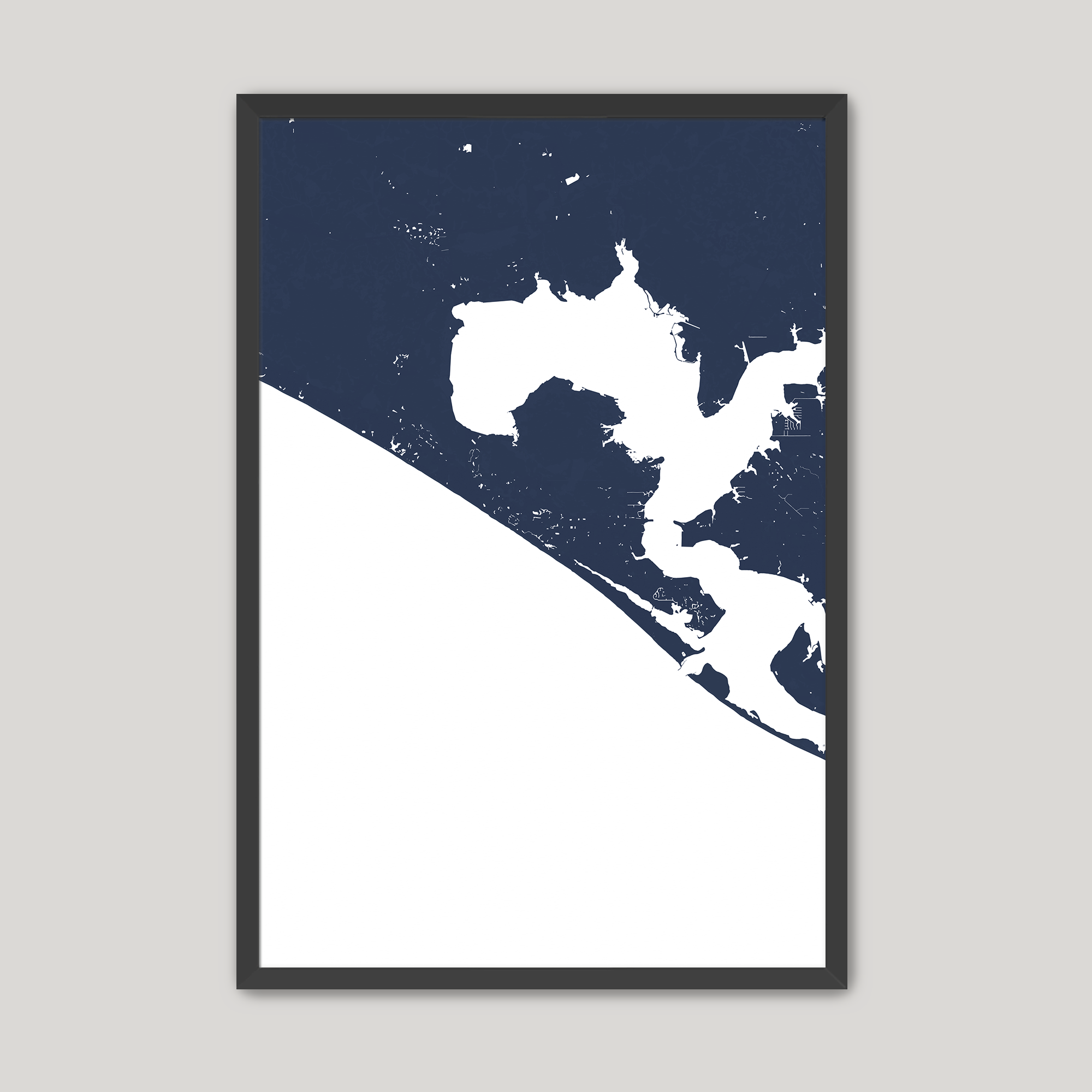 Panama City Beach Coastal Map — Fine Art Print Vertical, navy, Black Frame, 12x16