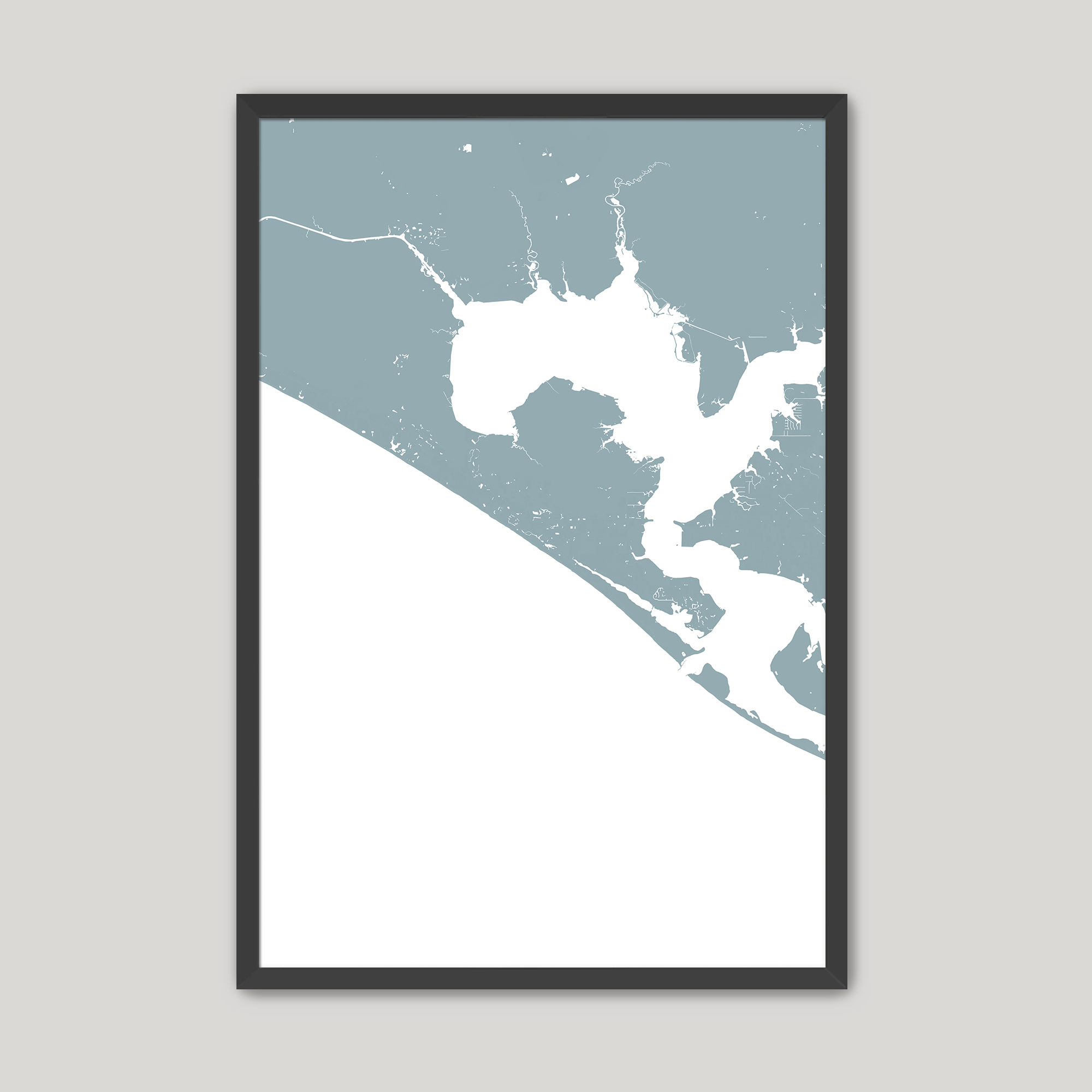 Panama City Beach Coastal Map — Fine Art Print Vertical, soft-blue, Black Frame, 8x10