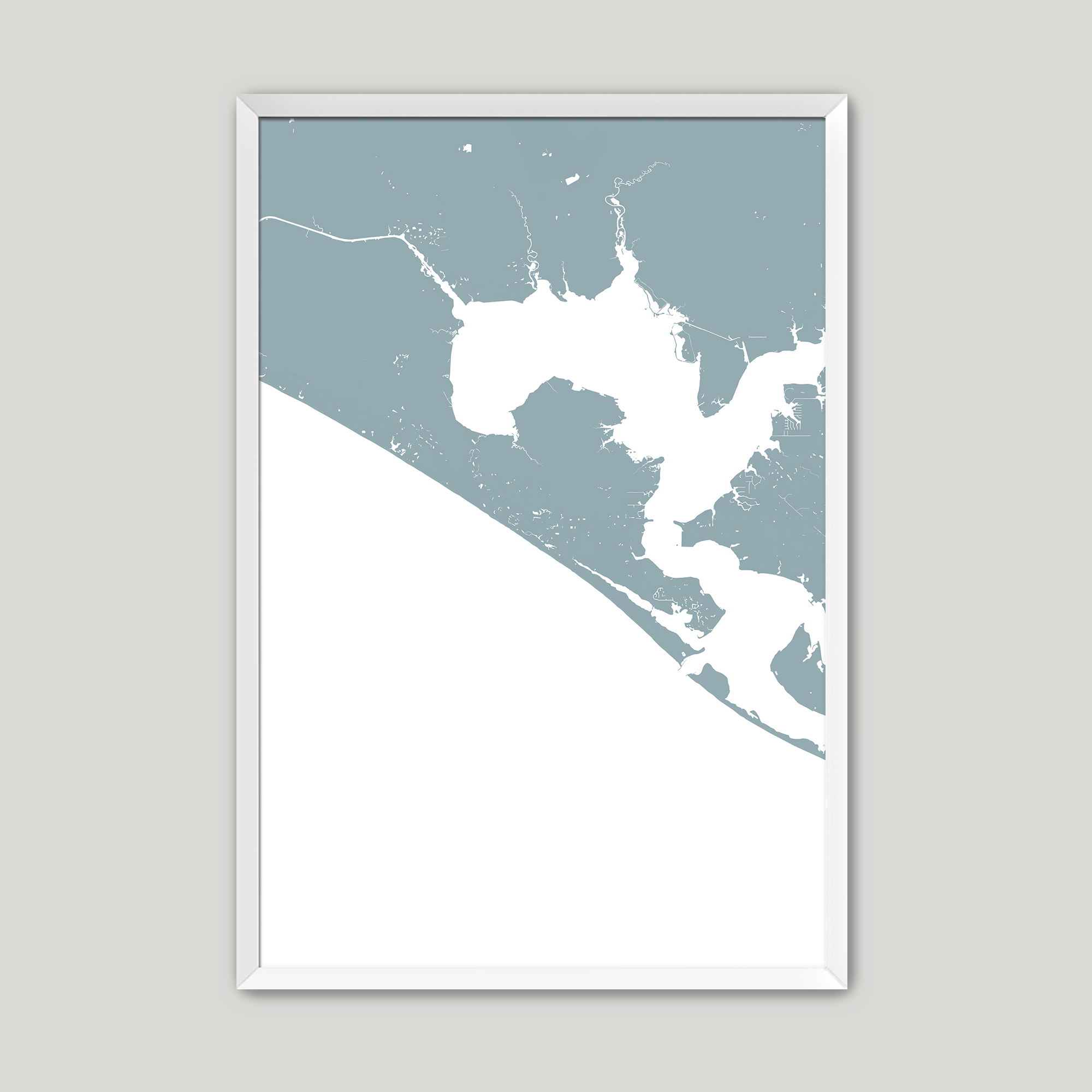 Panama City Beach Coastal Map — Fine Art Print Vertical, soft-blue, White Frame, 8x10