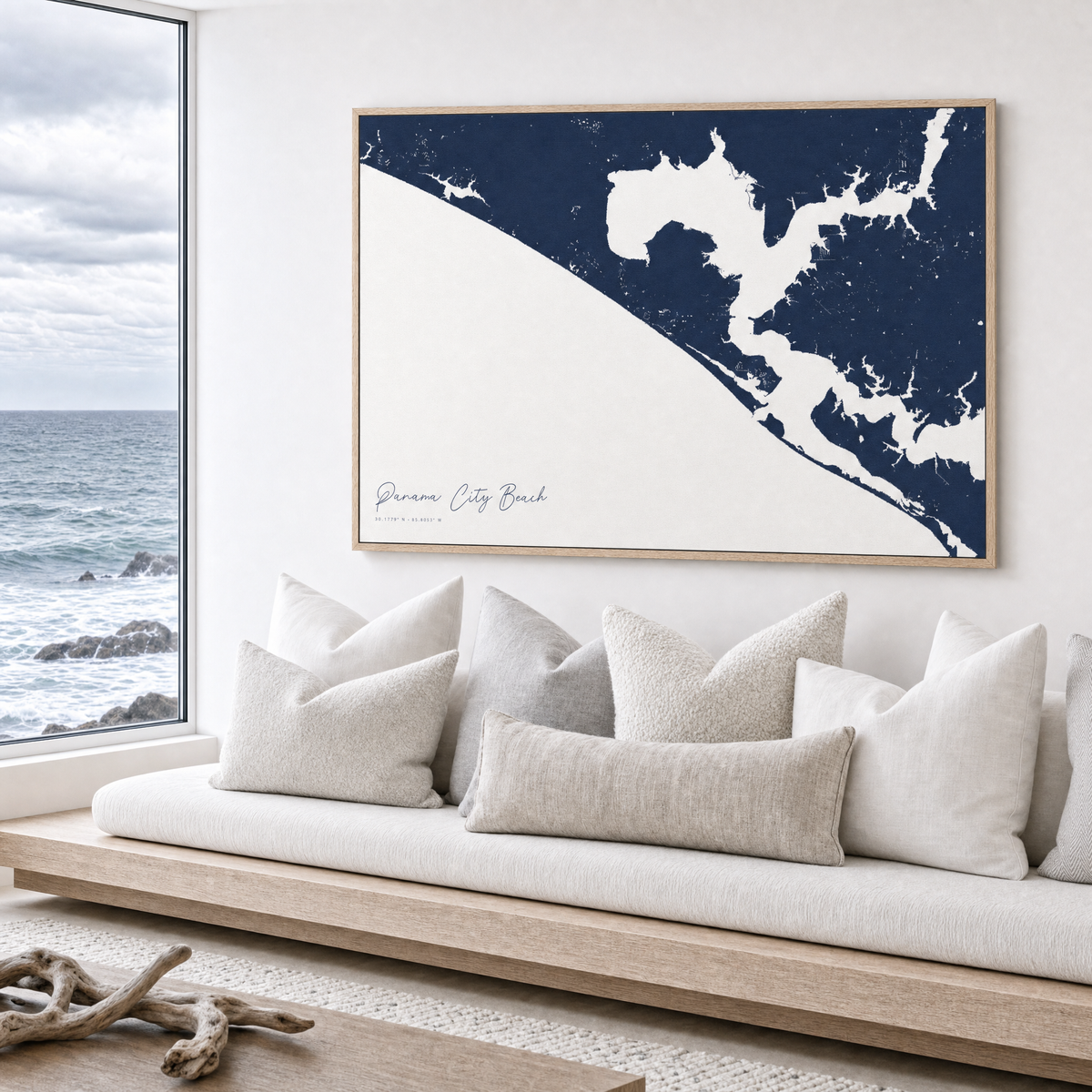 Panama City Beach canvas map — sea-view bench interior