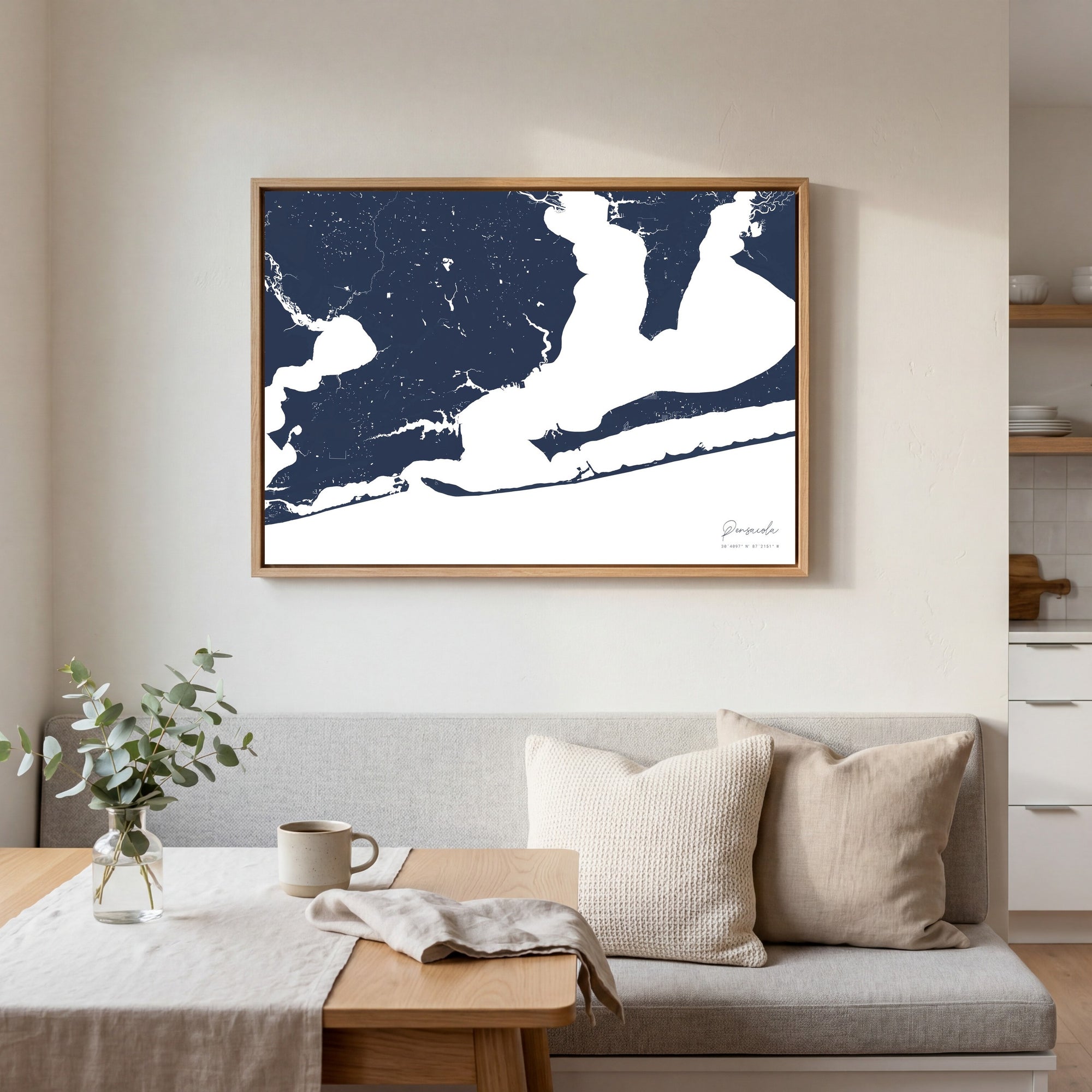 Pensacola navy horizontal canvas map in an oak framed room scene