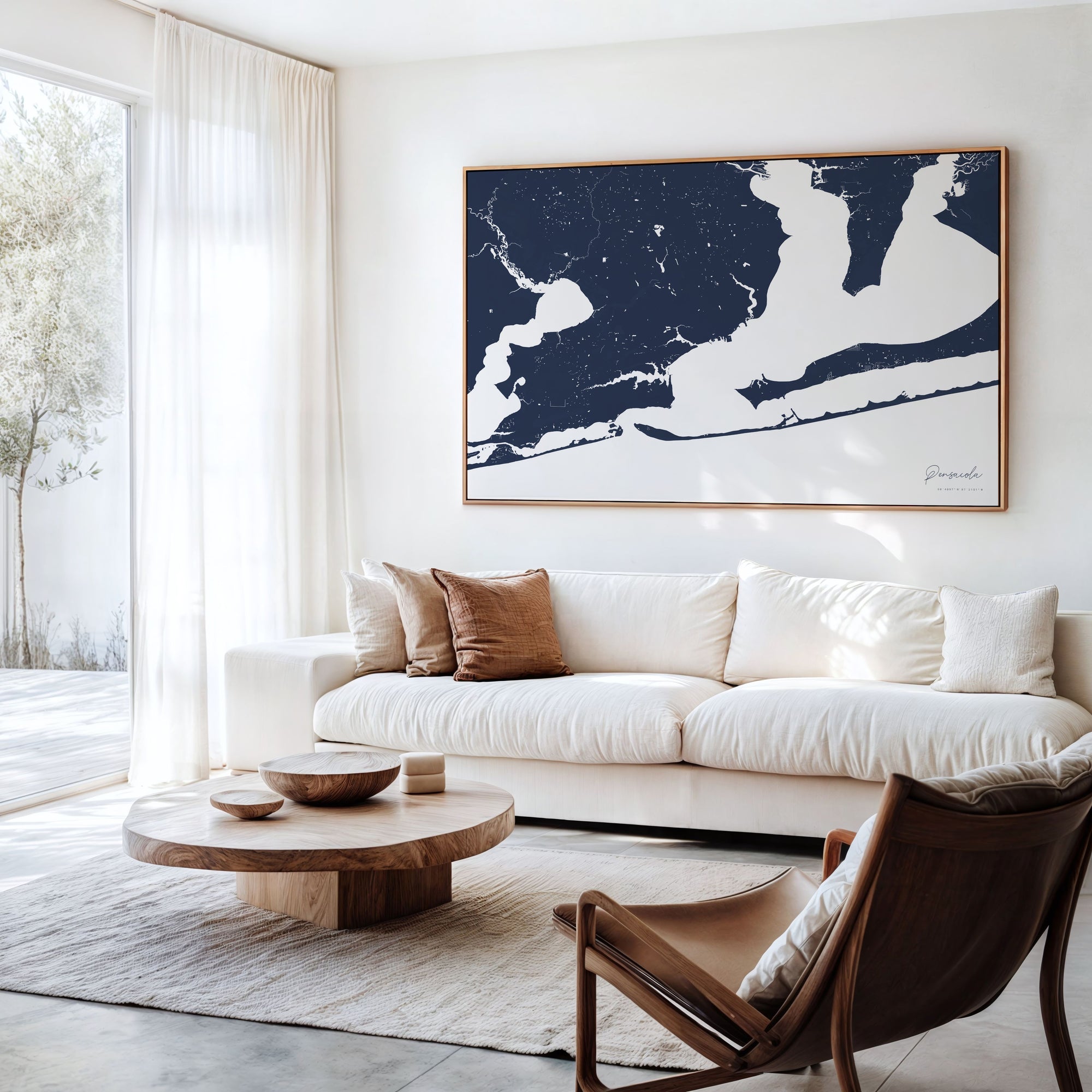 Pensacola navy horizontal canvas map in an oak framed room scene