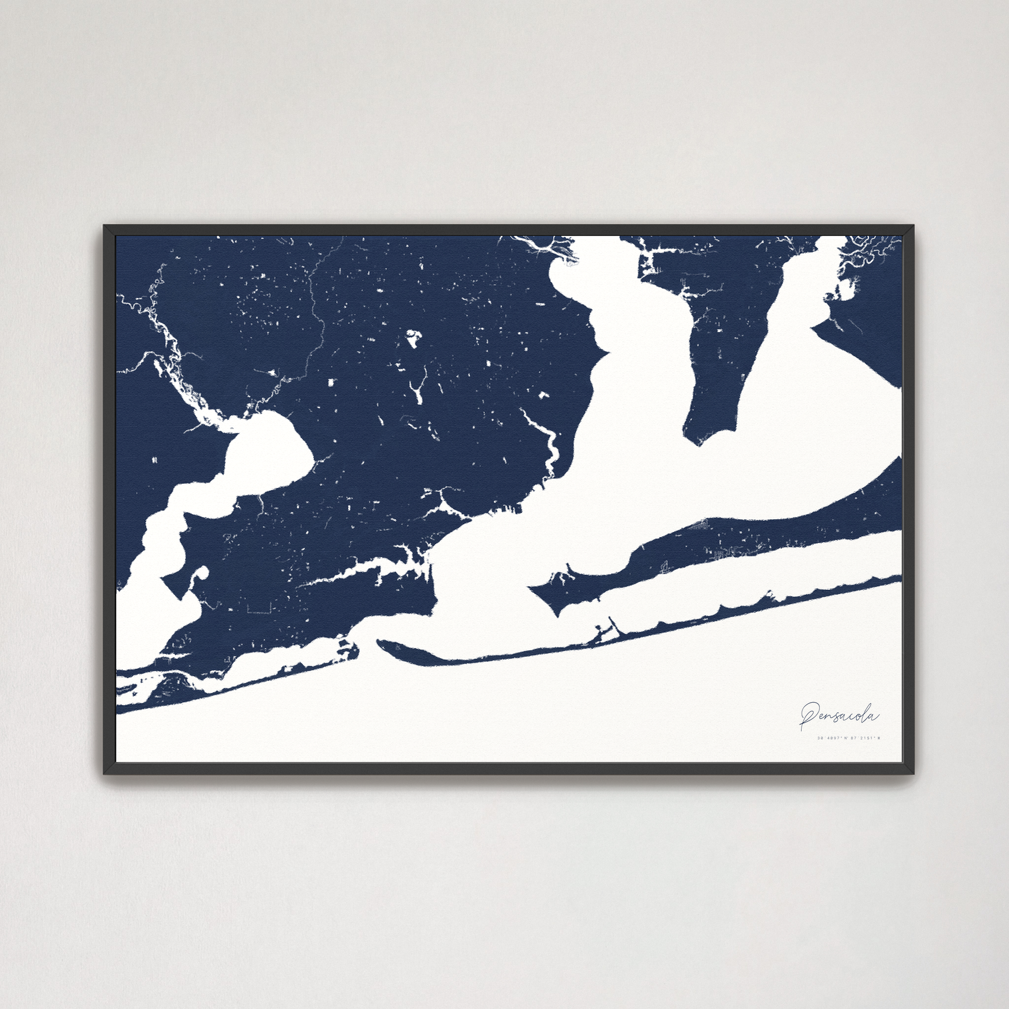 Pensacola Coastal Map — Canvas Horizontal, navy, Black Frame