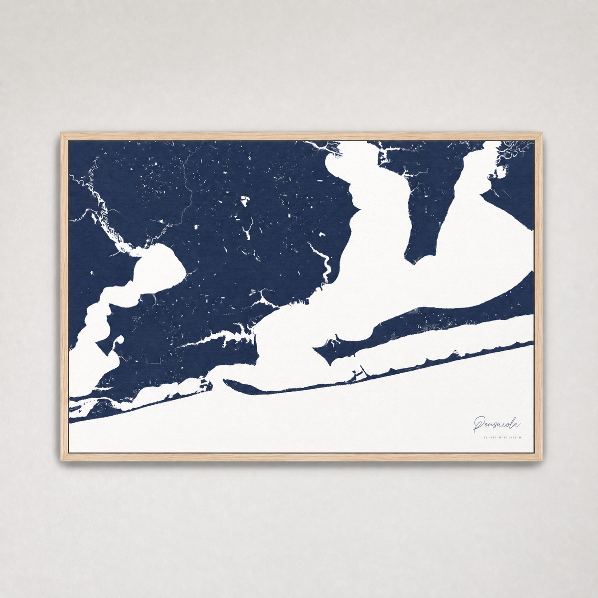Pensacola Coastal Map — Canvas Horizontal — navy, Light Wood