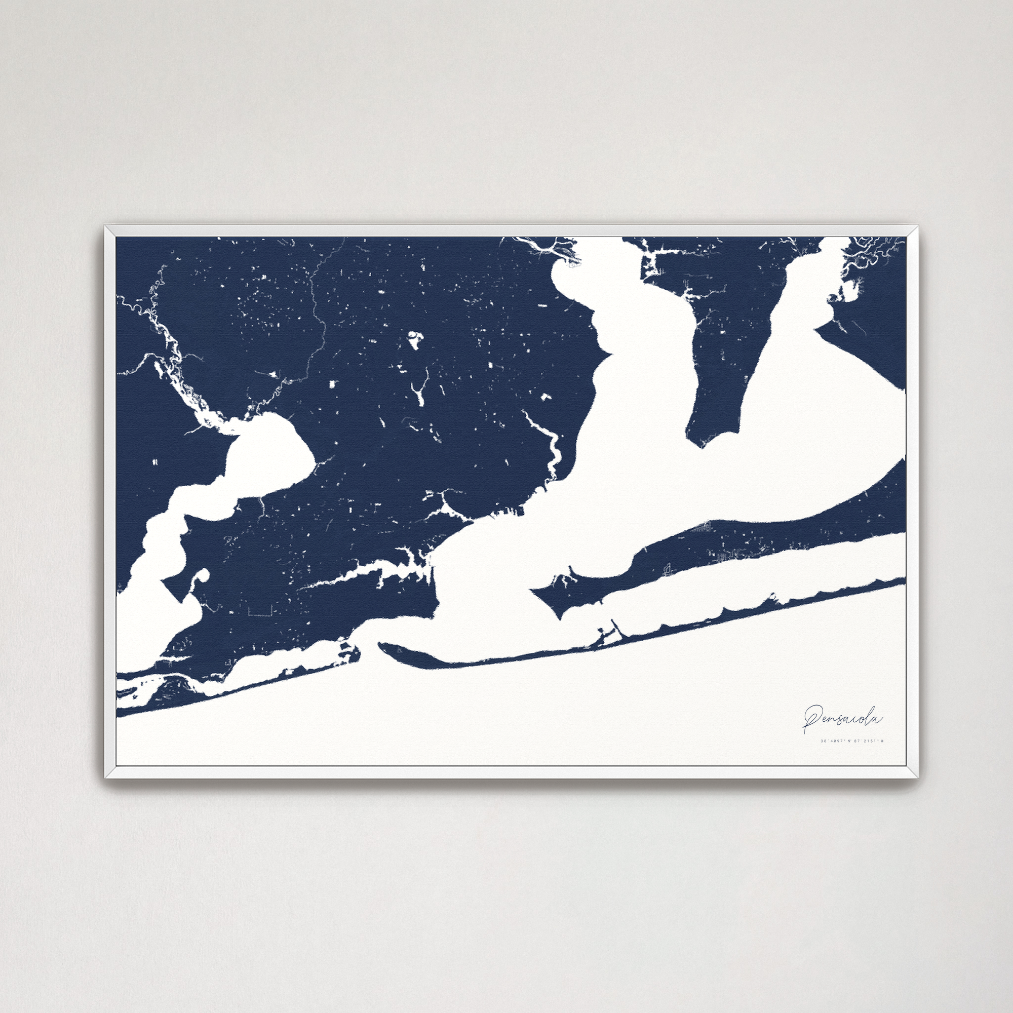 Pensacola Coastal Map — Canvas Horizontal, navy, White Frame