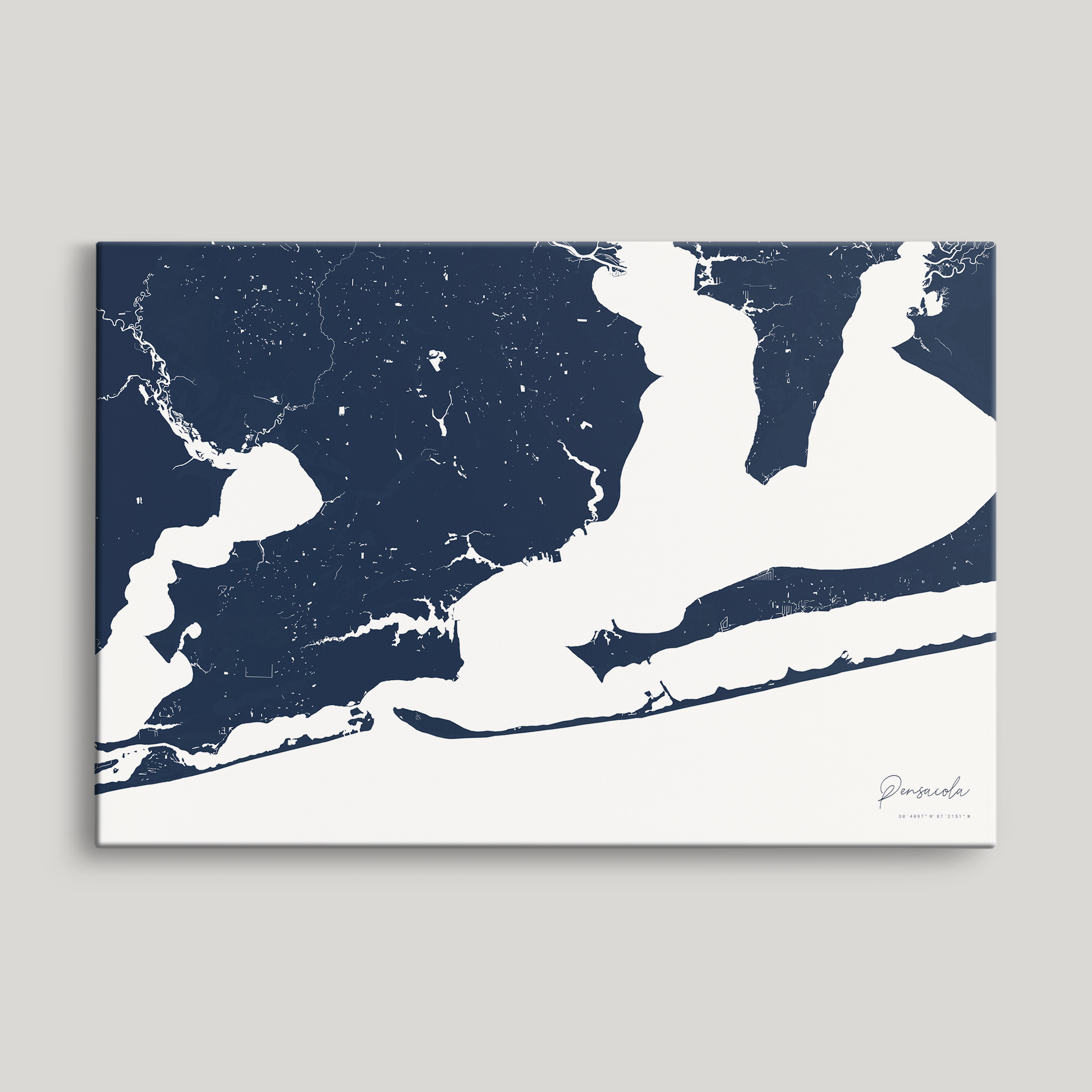 Pensacola Coastal Map — Canvas Horizontal, navy, No Frame