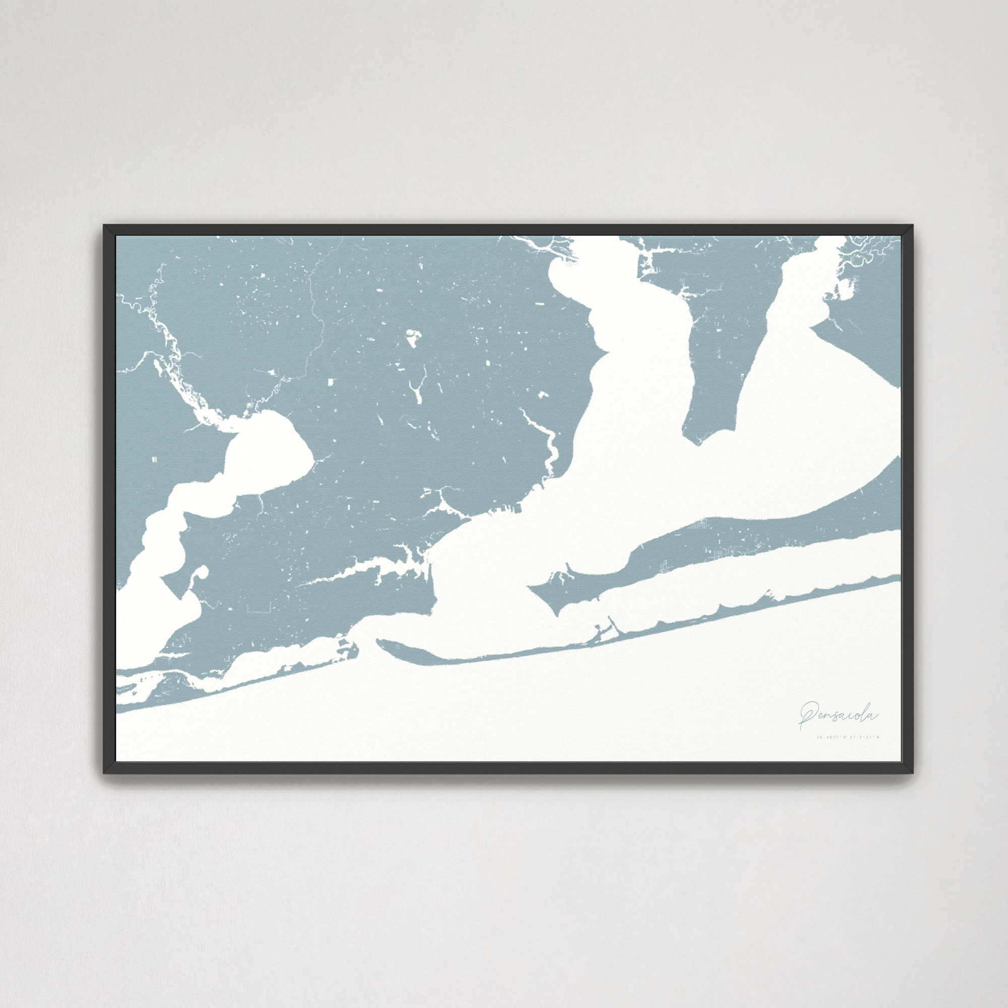 Pensacola Coastal Map — Canvas Horizontal, soft-blue, Black Frame
