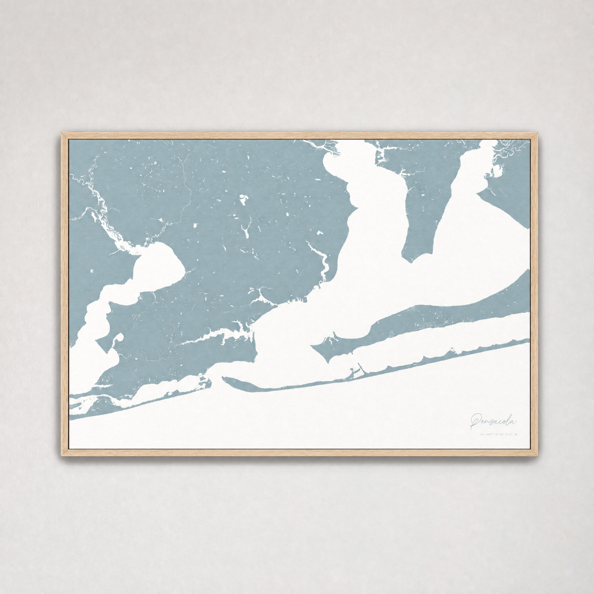 Pensacola Coastal Map — Canvas Horizontal — soft-blue, Light Wood