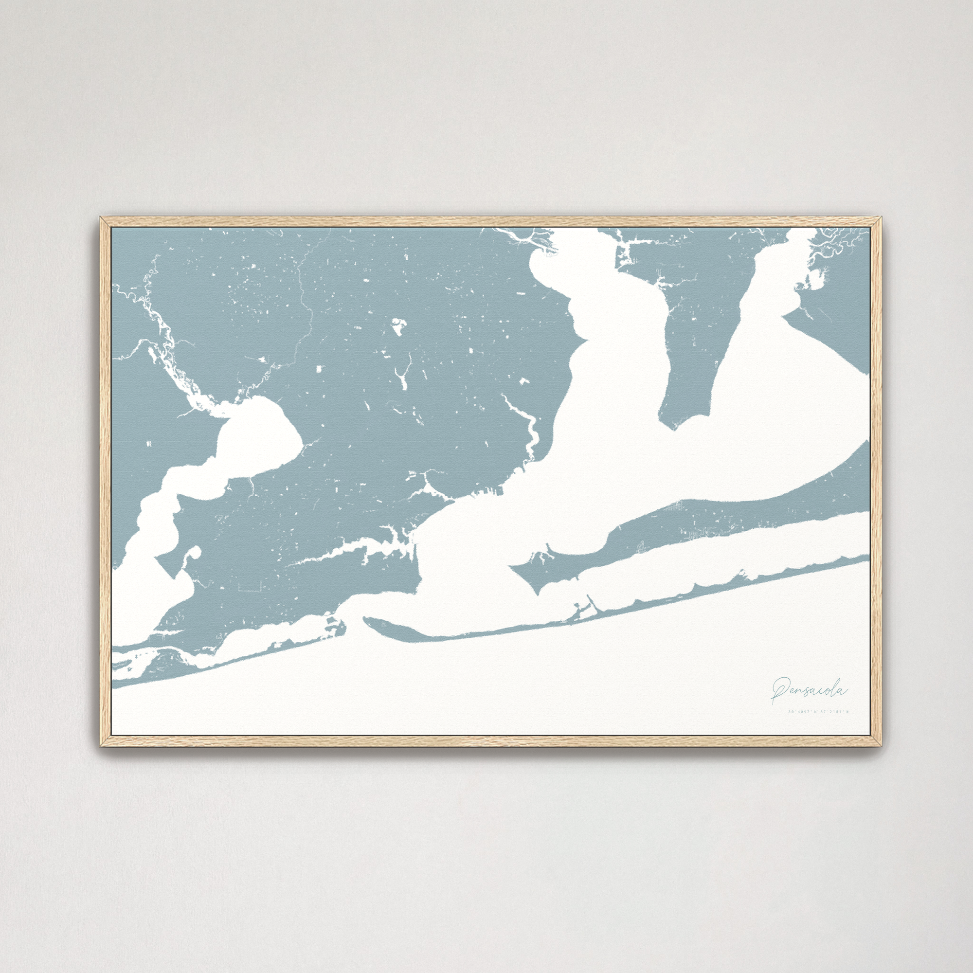 Pensacola Coastal Map — Canvas Horizontal, soft-blue, Natural Oak