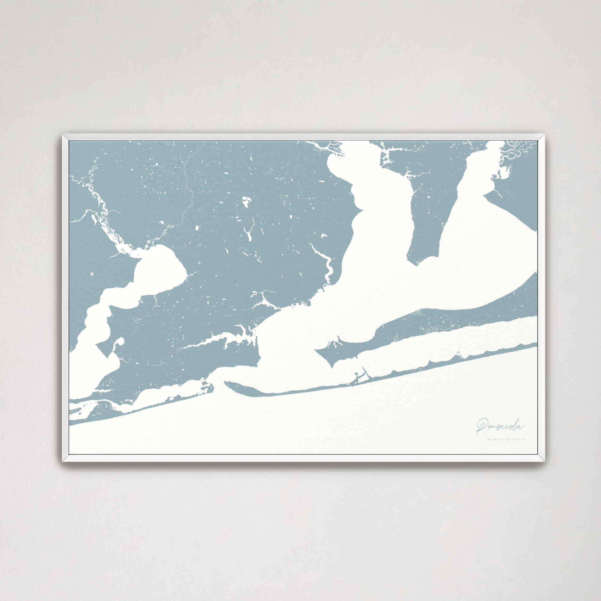 Pensacola Coastal Map — Canvas Horizontal, soft-blue, White Frame