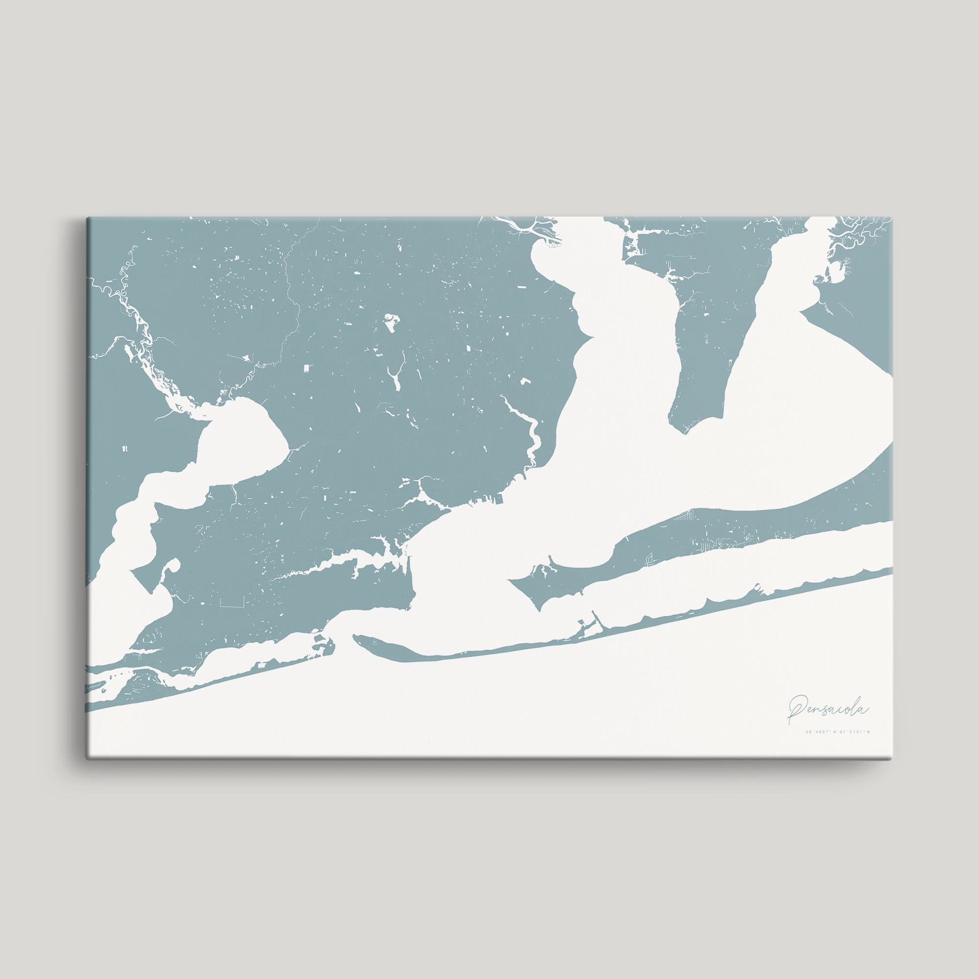Pensacola Coastal Map — Canvas Horizontal, soft-blue, No Frame