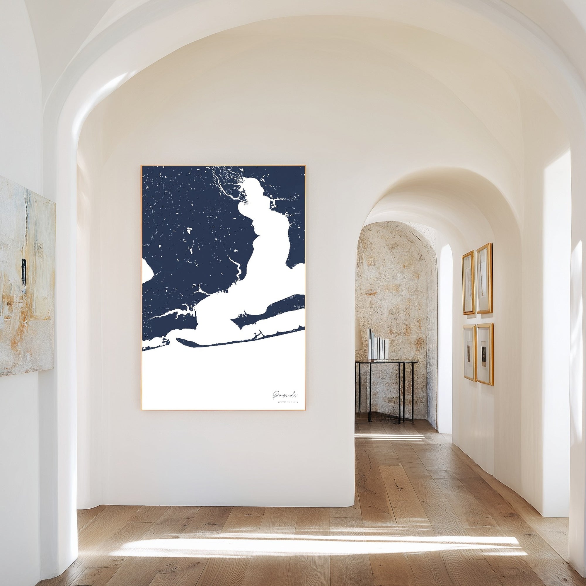 Pensacola navy vertical canvas map in the Bello mixed room scene