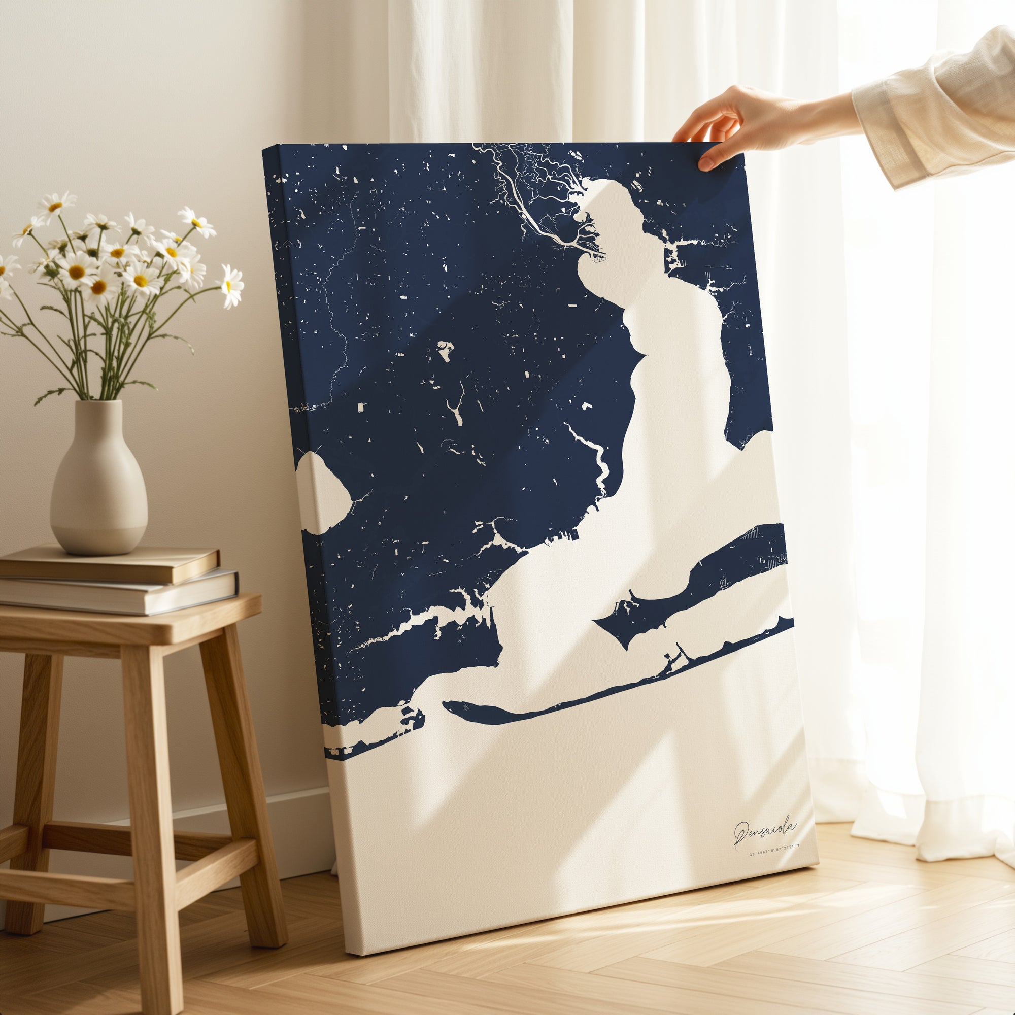 Pensacola navy vertical wrapped canvas map in the ratio 2:3 hand mockup