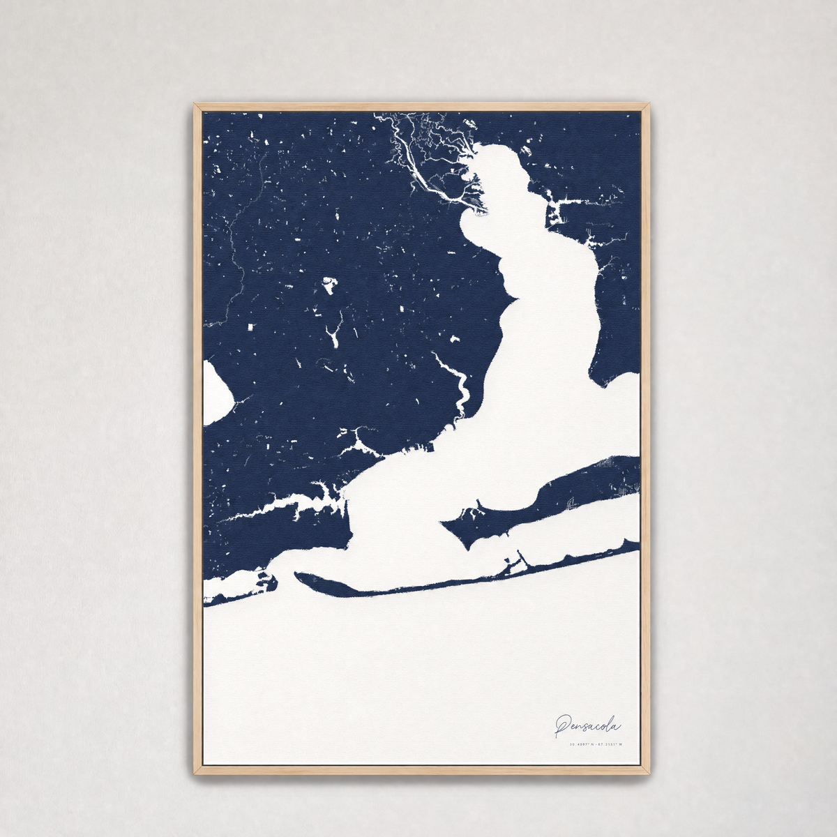 Pensacola Coastal Map — Canvas Vertical — navy, Light Wood