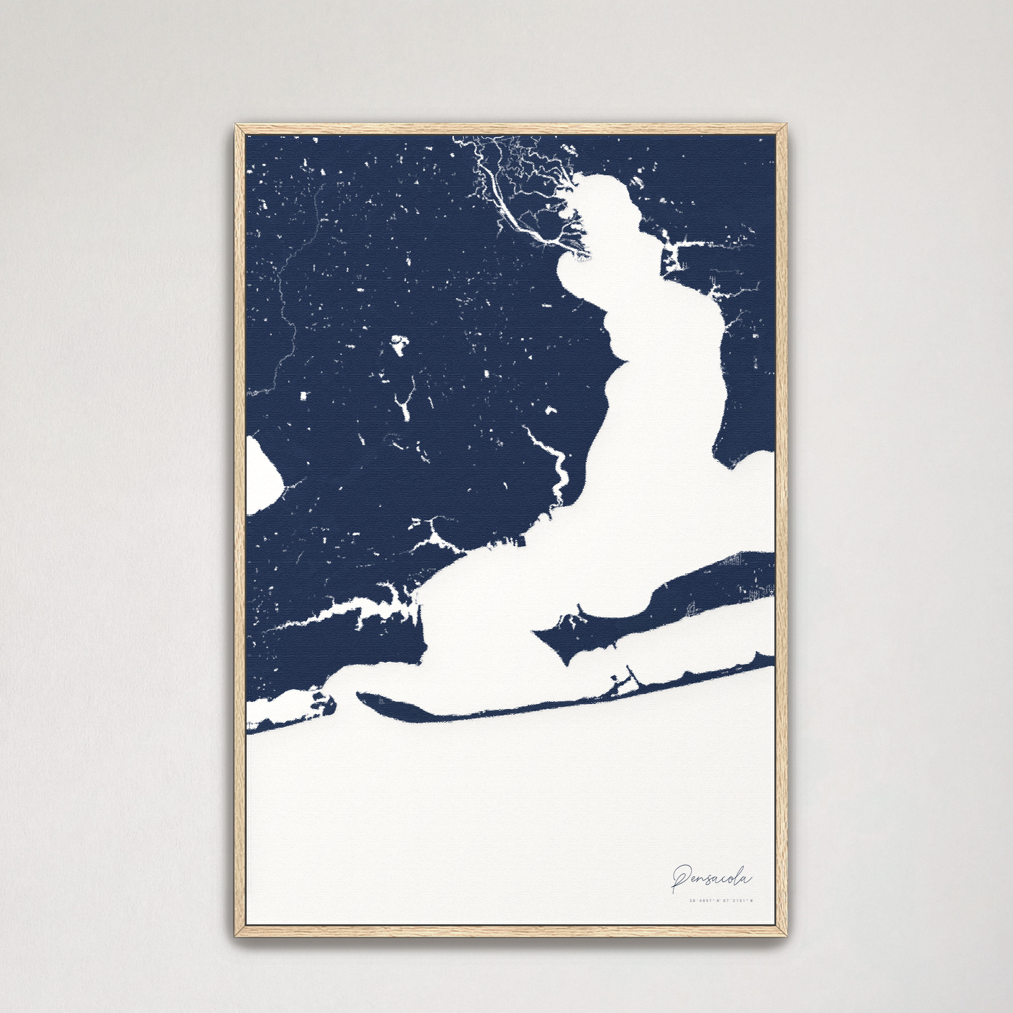 Pensacola Coastal Map — Canvas Vertical, navy, Natural Oak