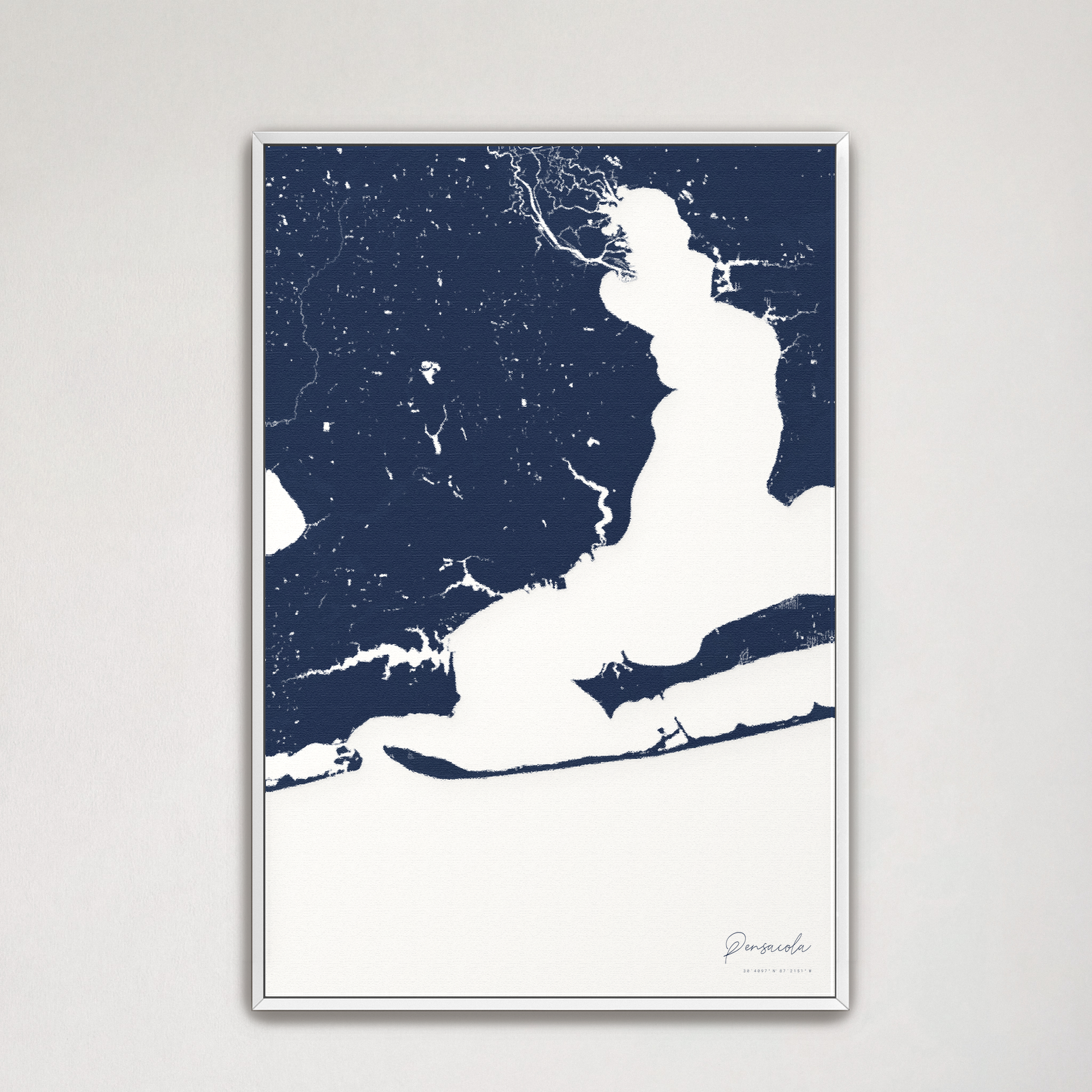 Pensacola Coastal Map — Canvas Vertical, navy, White Frame