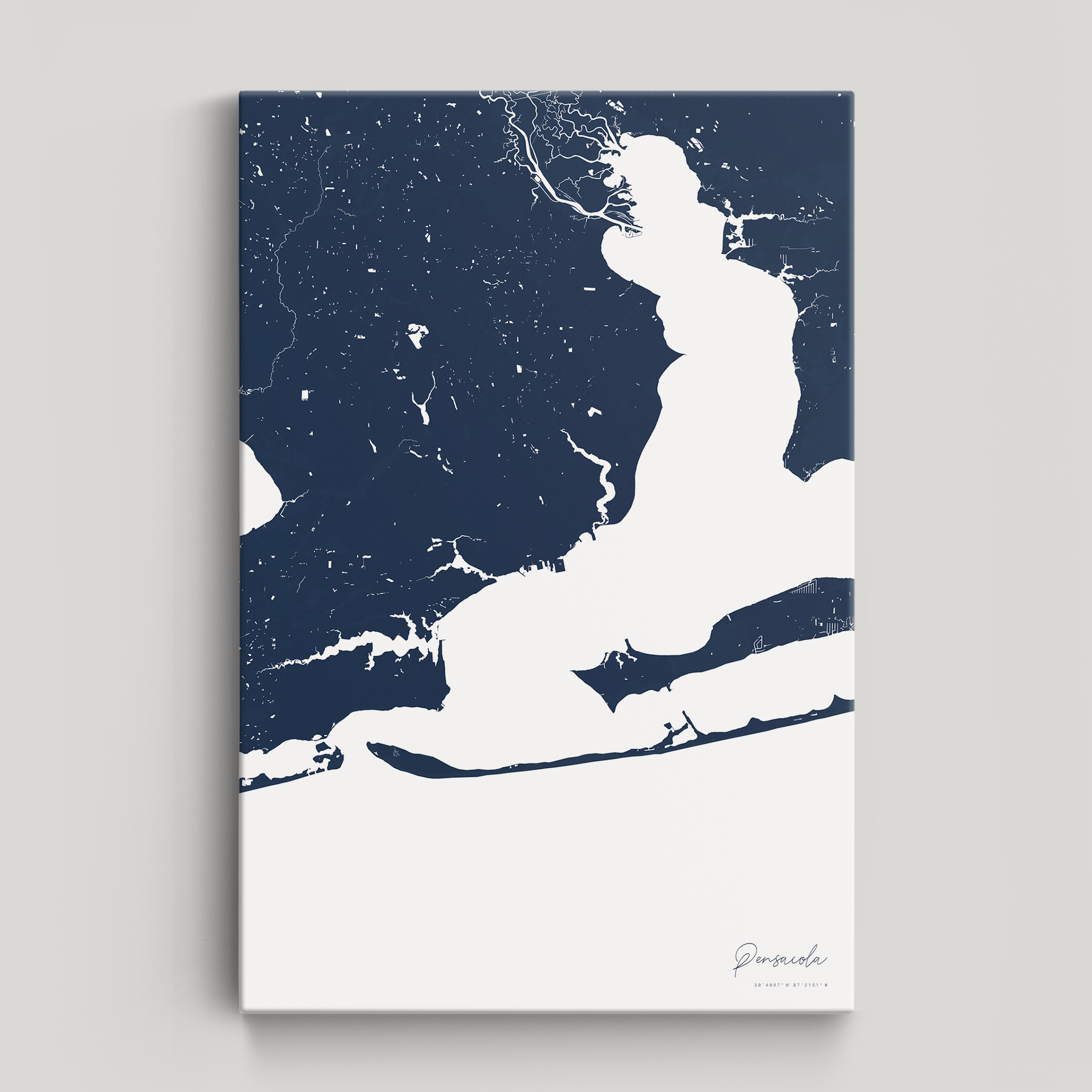 Pensacola Coastal Map — Canvas Vertical, navy, No Frame