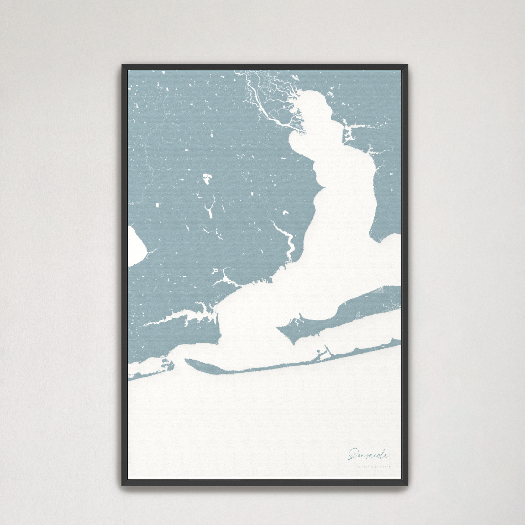 Pensacola Coastal Map — Canvas Vertical, soft-blue, Black Frame