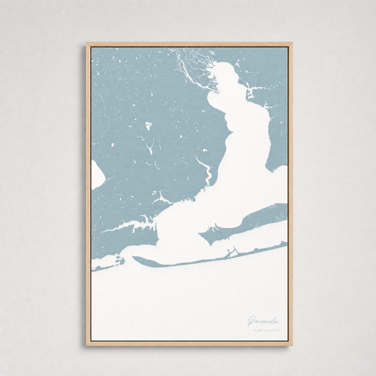 Pensacola Coastal Map — Canvas Vertical — soft-blue, Light Wood