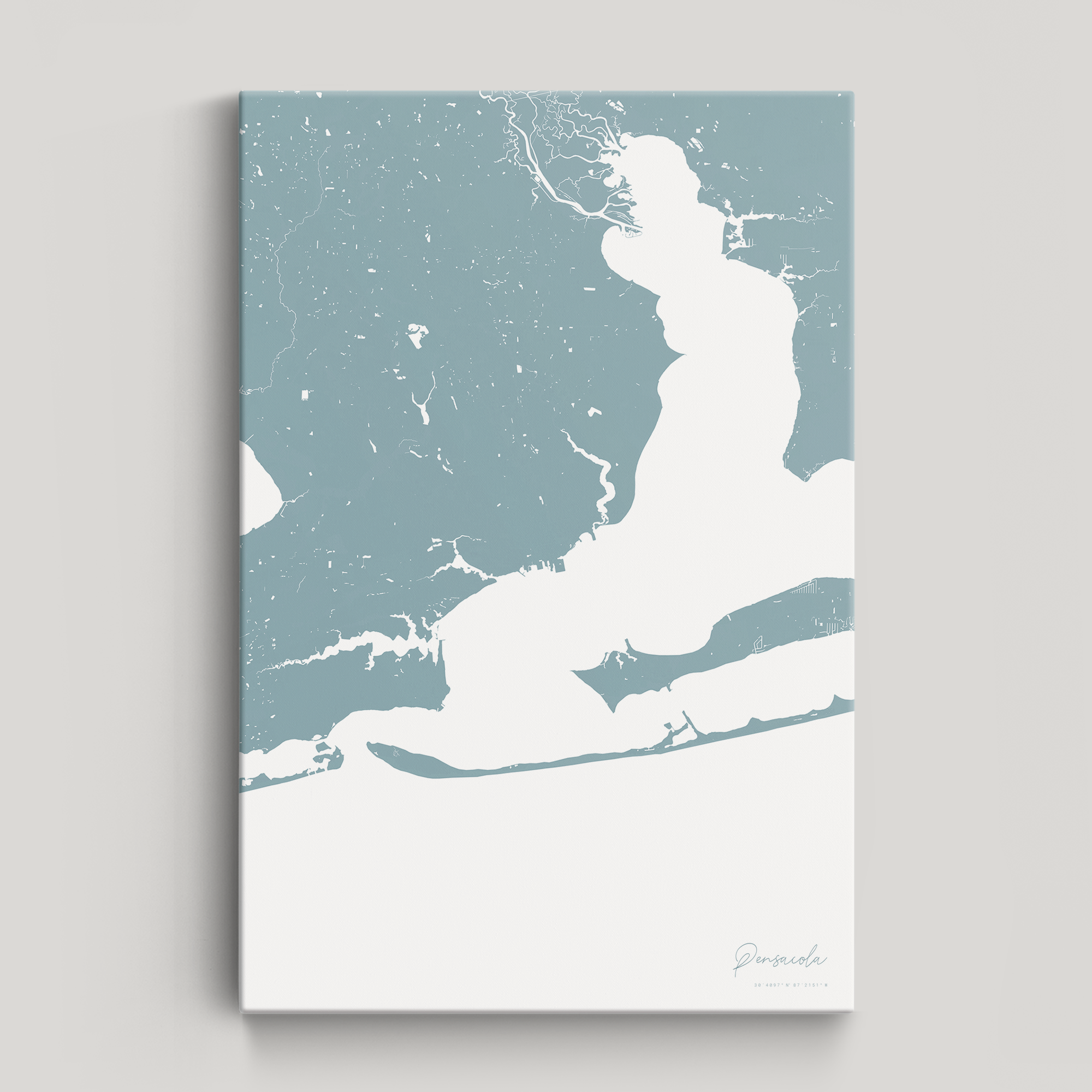 Pensacola Coastal Map — Canvas Vertical, soft-blue, No Frame