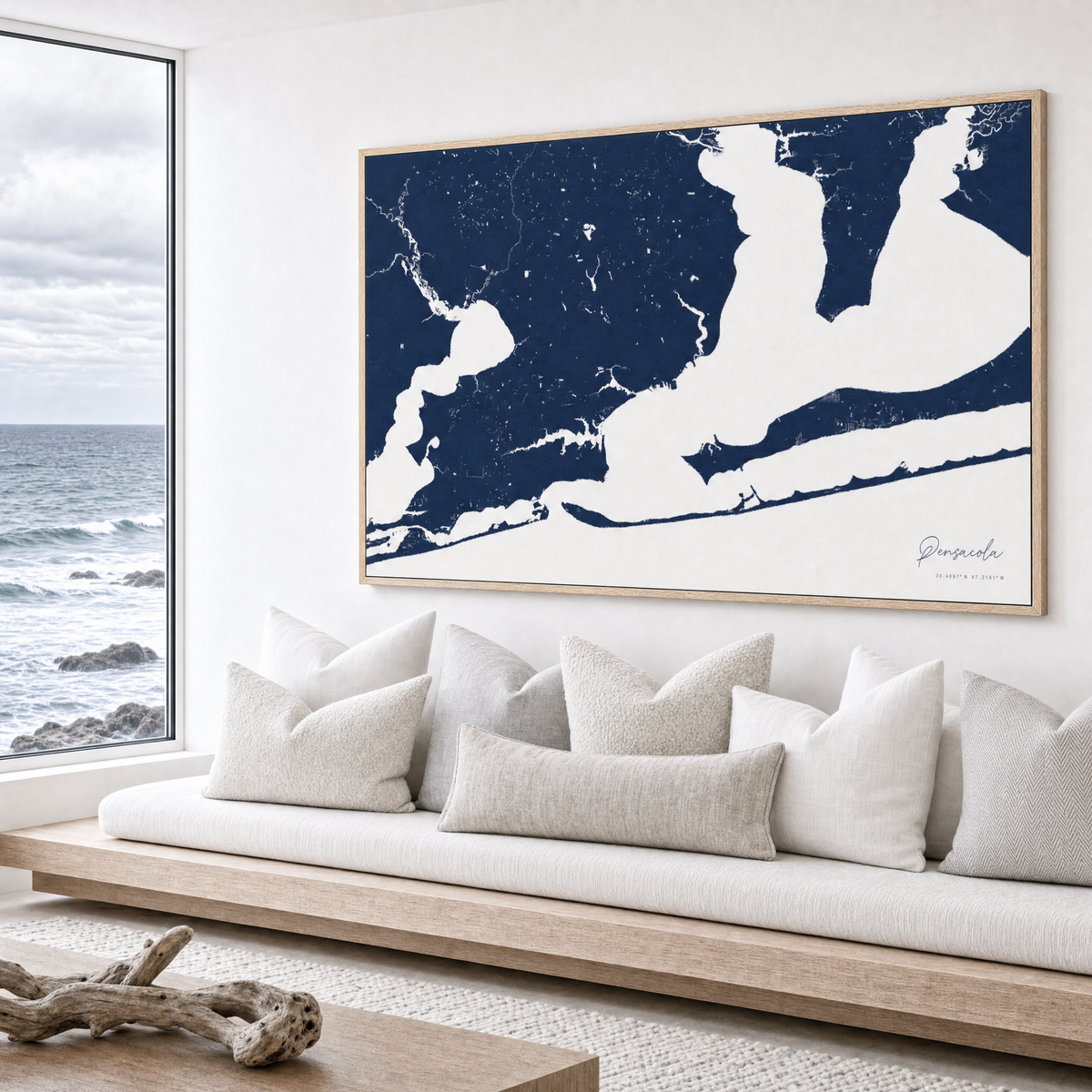Pensacola canvas map — sea-view bench interior