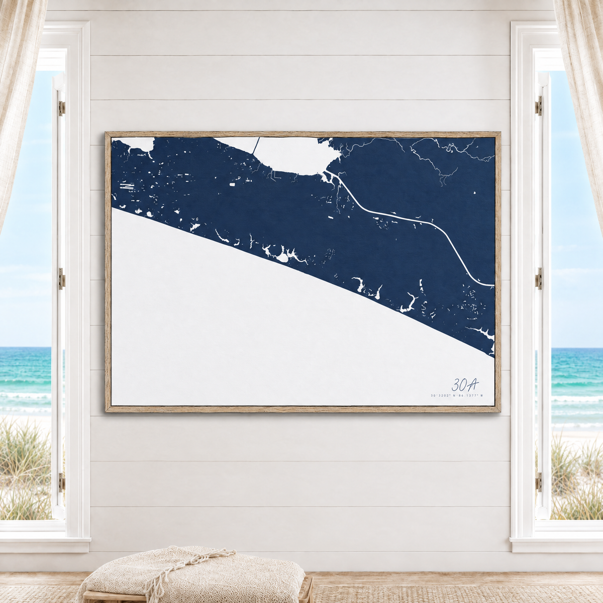 30A horizontal canvas map in Navy, window interior