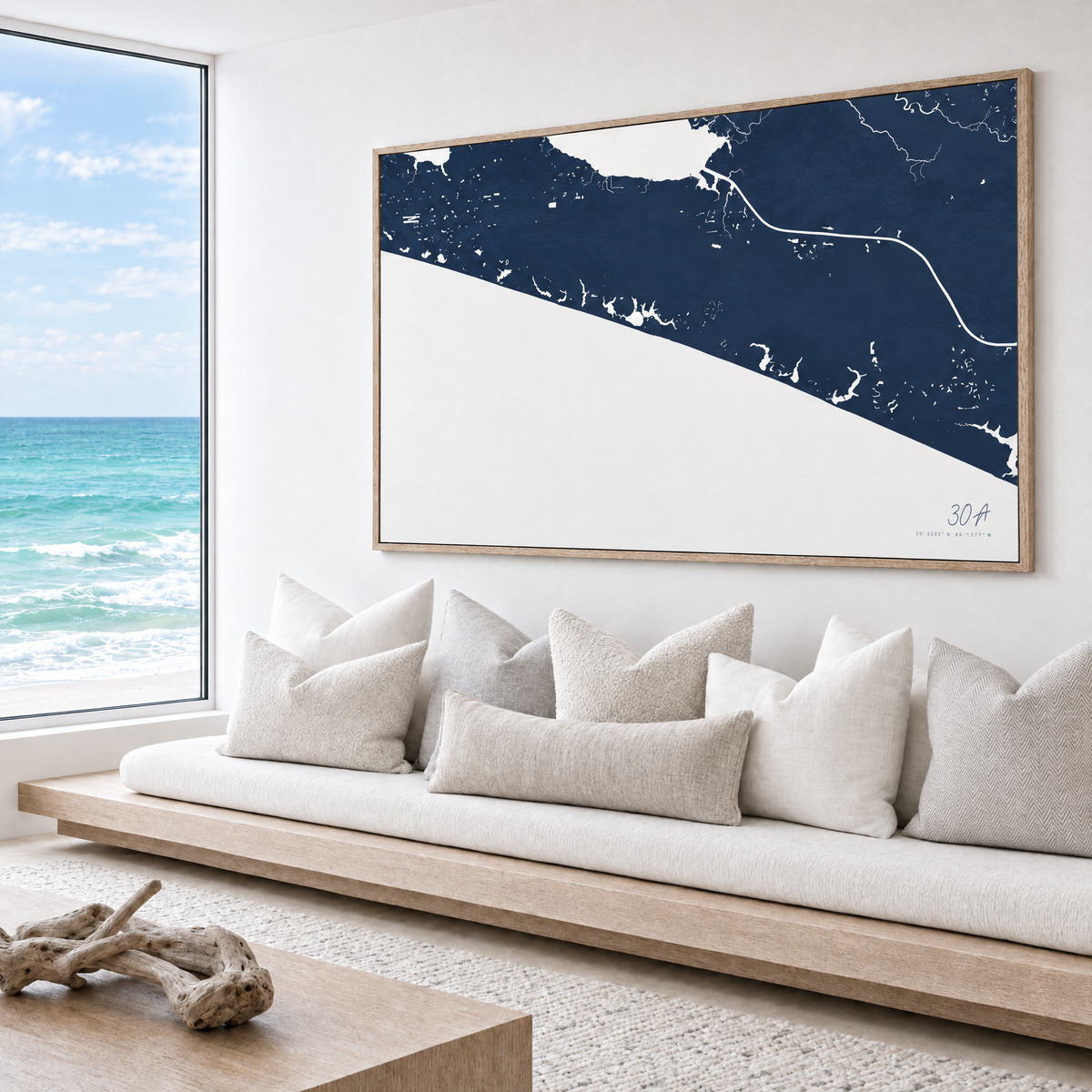 30A horizontal canvas map in Navy, bench beside a water view